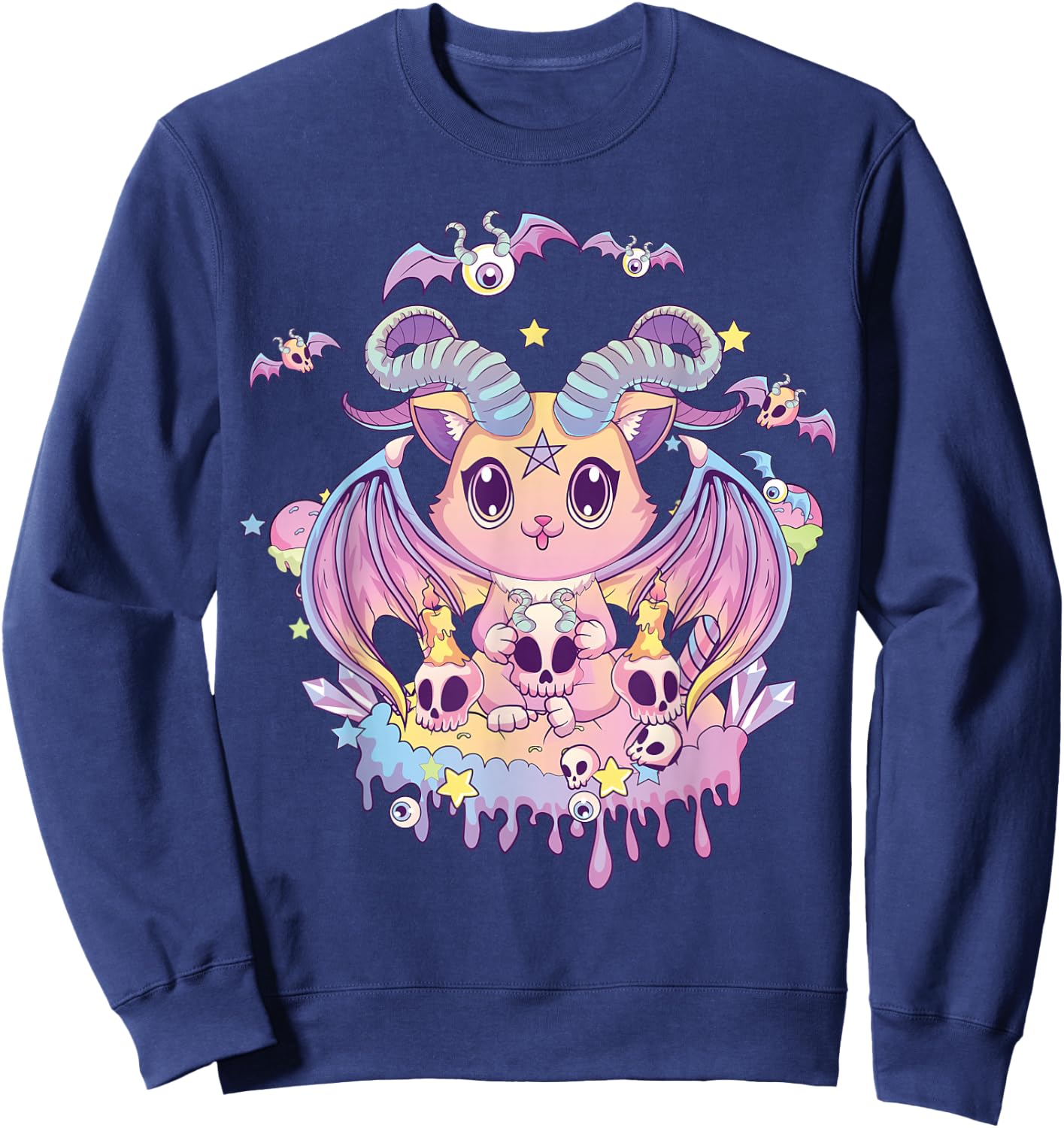 Pastel Goth Krampus Cat Cute Creepy Devil Cat and Skull Sweatshirt - Sweatshirt | Navy