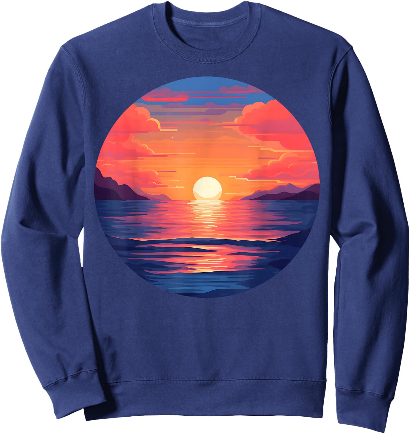 Retro Warm Sunset Calm Ocean Orange Pink Sky Mountains Scene Sweatshirt - Sweatshirt | Navy