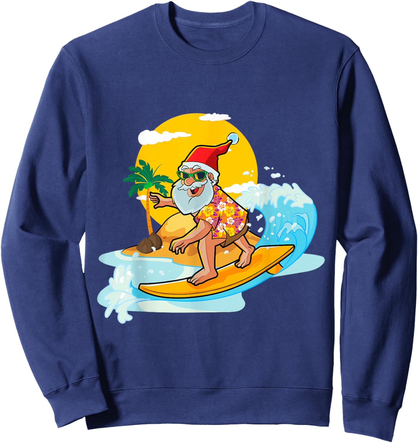 Christmas in July Funny Santa Surfing Summer Aloha Hawaiian Sweatshirt - Sweatshirt | Navy