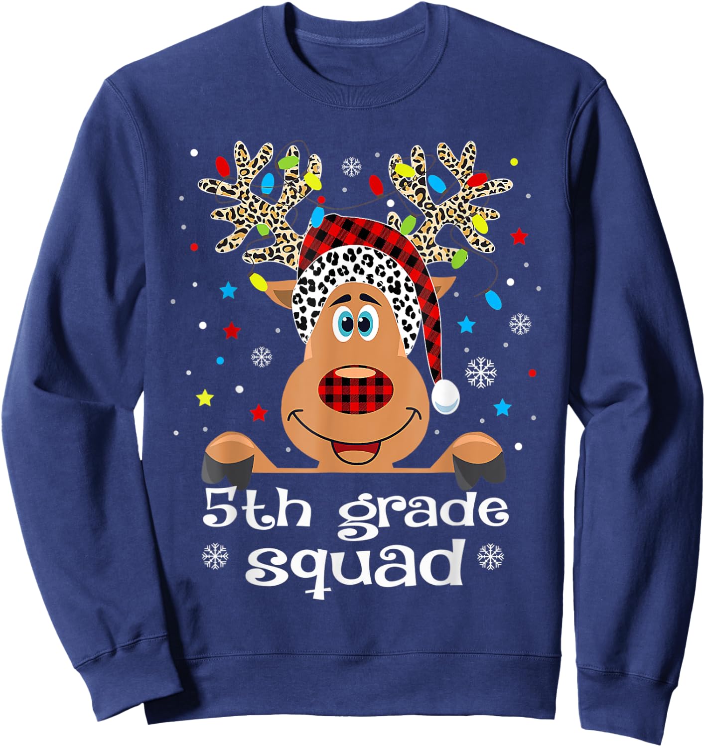 5th Grade Squad Plaid Reindeer Santa Hat Teacher Christmas Sweatshirt - Sweatshirt | Navy