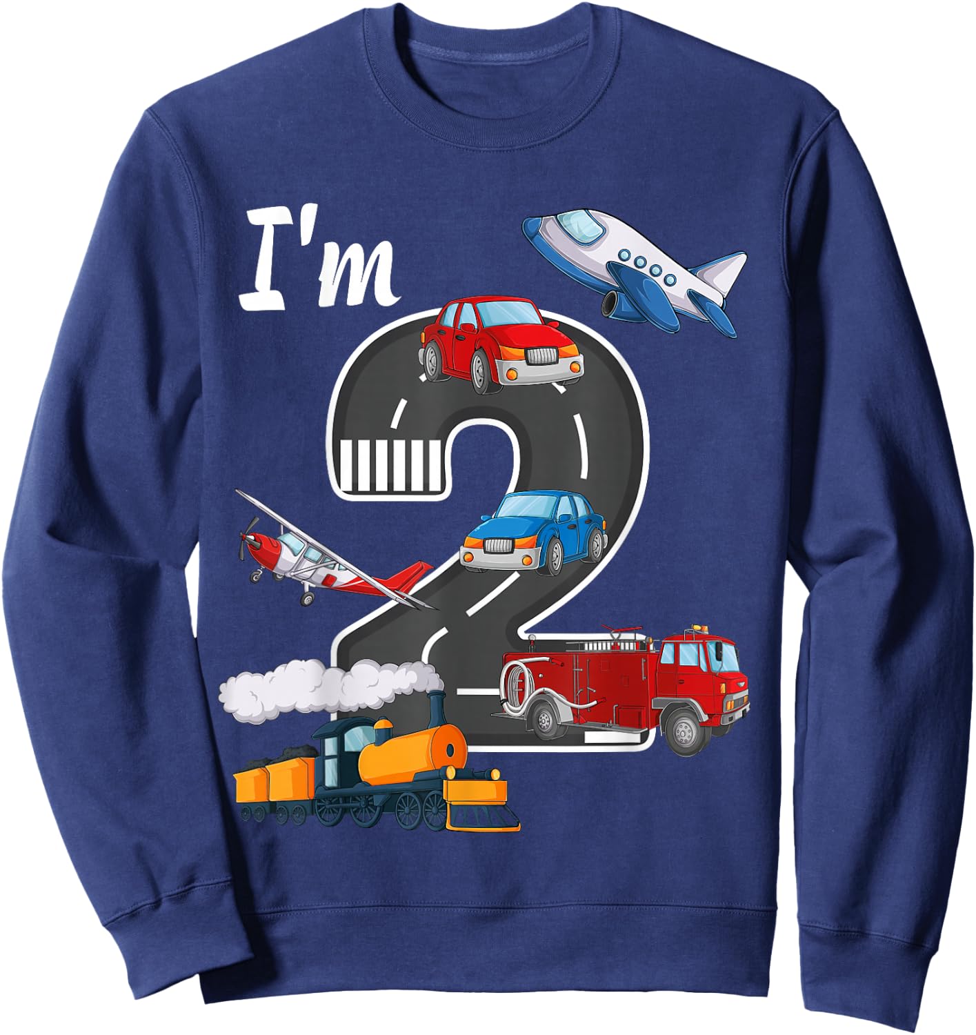 Trains Car Fire Truck Airplane 2nd Birthday Boy 2 Year Old Sweatshirt - Sweatshirt | Navy