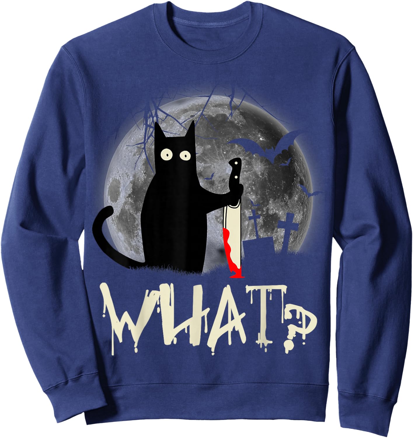 Funny Cat What? Murderous Black Cat With Knife Halloween Sweatshirt - Sweatshirt | Navy