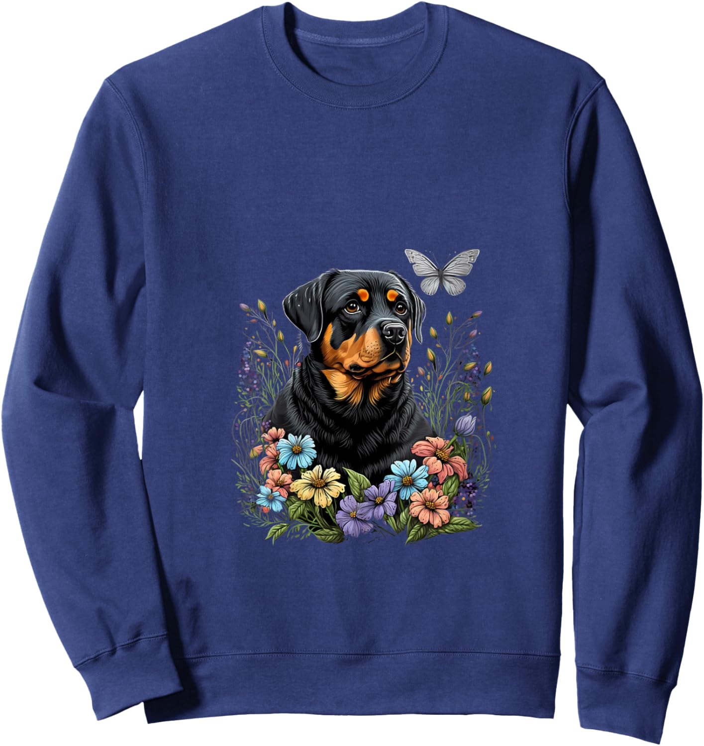 Women's Rottweiler and Butterfly in the Spring Garden Floral Black V-Neck Sweatshirt - Sweatshirt | Navy