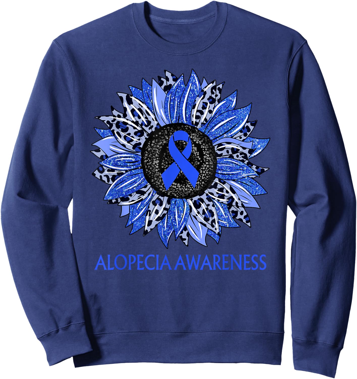 Leopard Sunflower Alopecia Awareness Blue Ribbon Support Sweatshirt - Sweatshirt | Navy