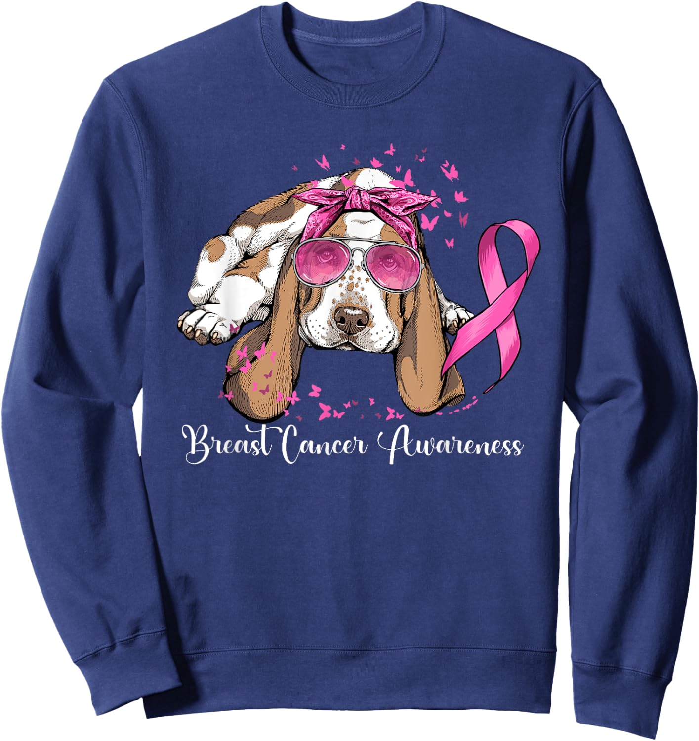 Basset Hound Dog Lover Pink Ribbon Breast Cancer Awareness Men Women Sweatshirt - Sweatshirt | Navy