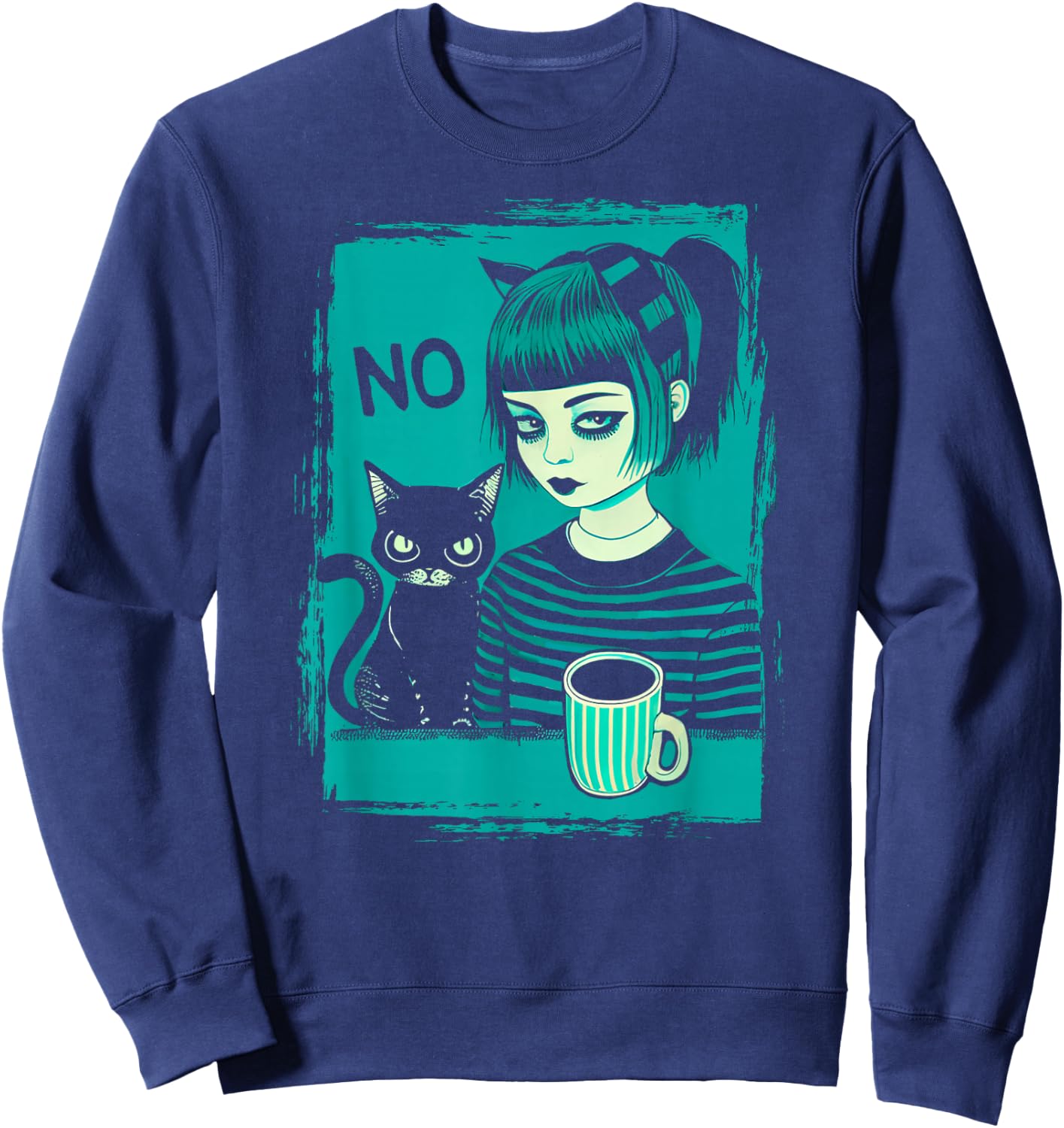 Dark At Heart Punk Goth Girl Says No With Cat And Coffee Sweatshirt - Sweatshirt | Navy