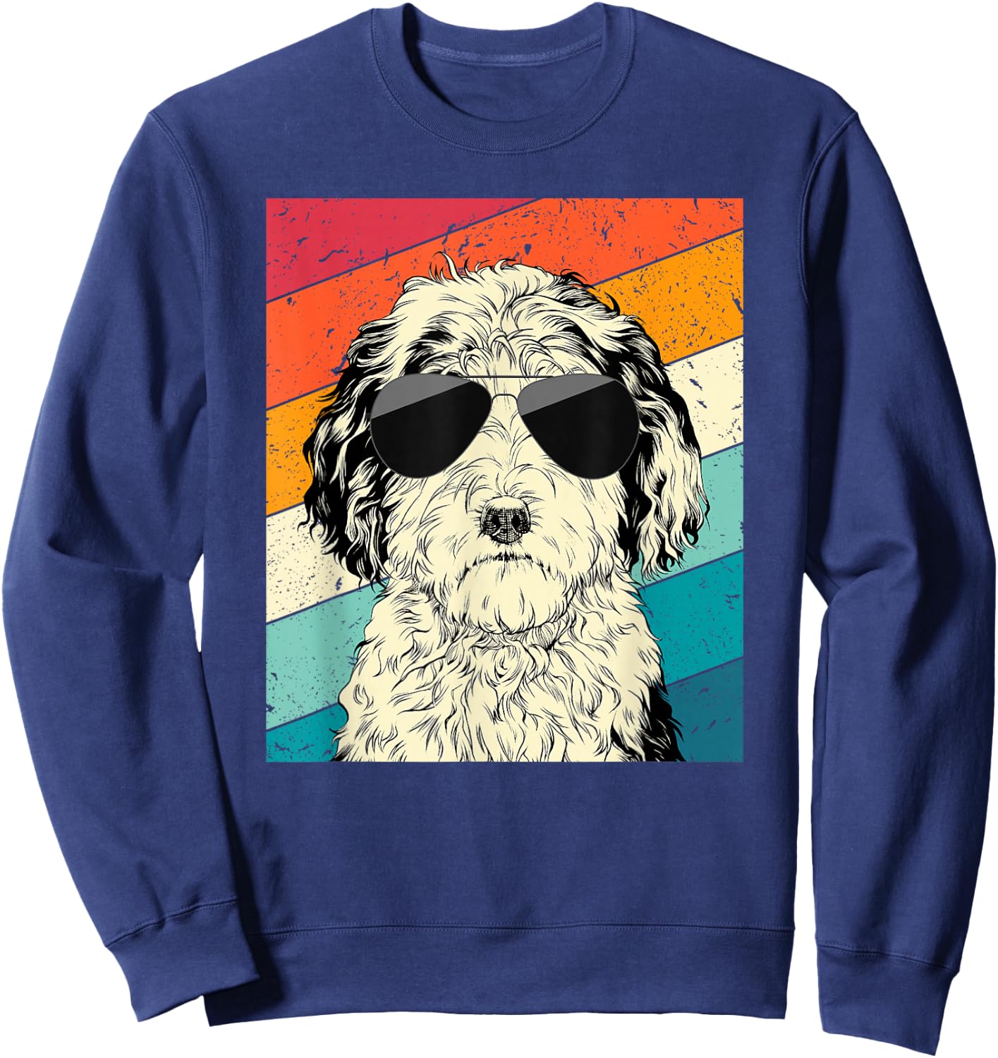Retro Vintage Sheepadoodle with Sunglasses Doodle Dog Lovers Sweatshirt - Sweatshirt | Navy