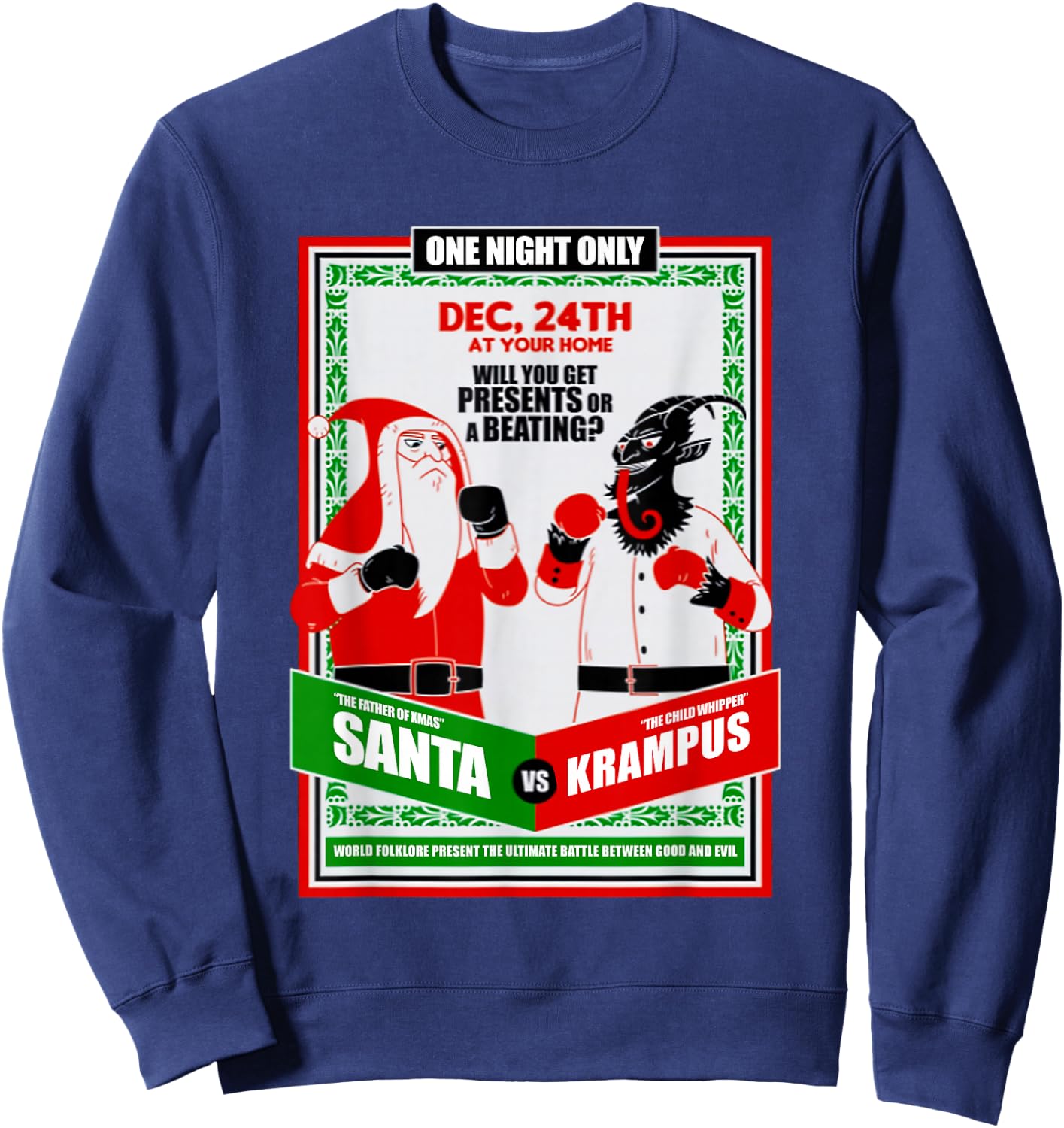 Funny Battle for Christmas Retro Santa VS Krampus Xmas Humor Sweatshirt - Sweatshirt | Navy