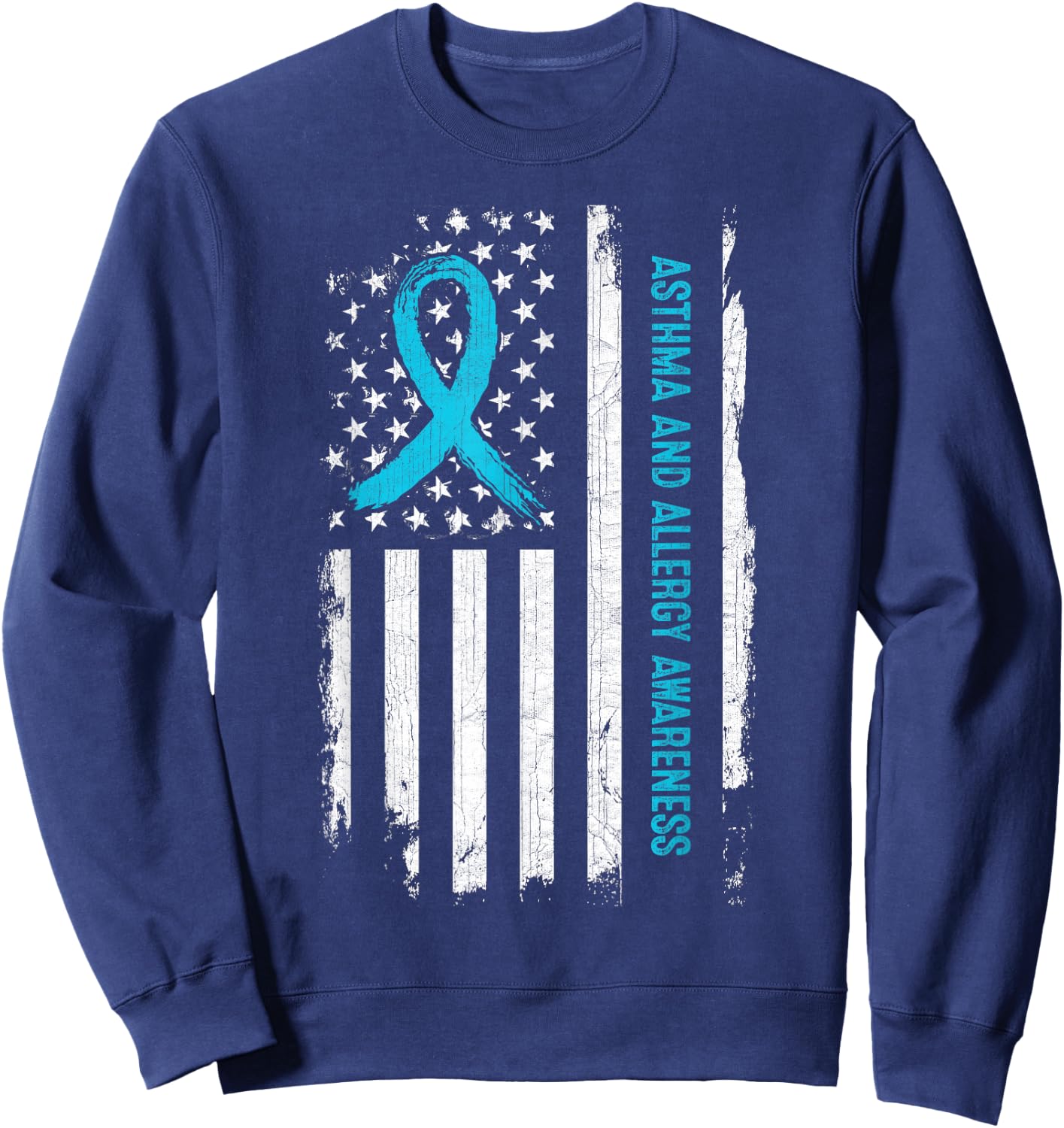 Asthma and Allergy Awareness American Flag Light Blue Ribbon Men Sweatshirt - Sweatshirt | Navy