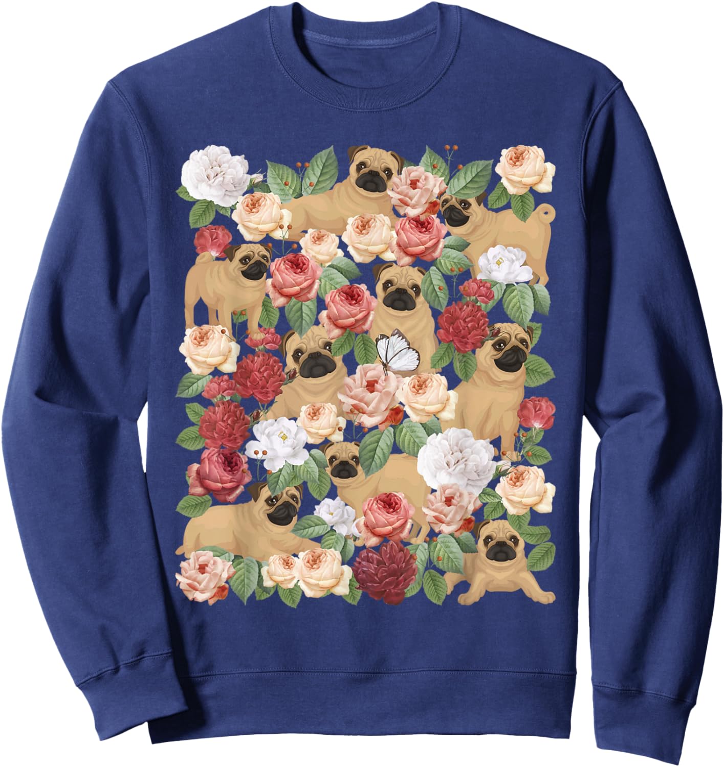 Botanical Black Pug Garden - Floral Dog Owner Pet Lover Sweatshirt - Sweatshirt | Navy