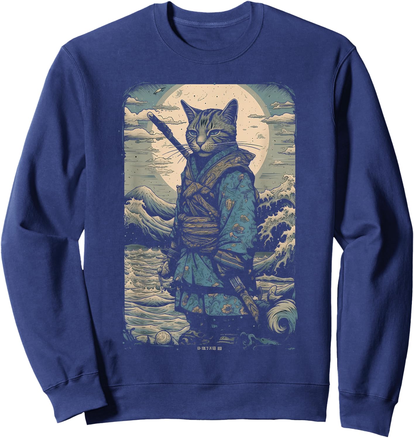 Vintage Samurai Cat Japanese Ninja Art Japan Anime Graphic Women Kids Sweatshirt - Sweatshirt | Navy