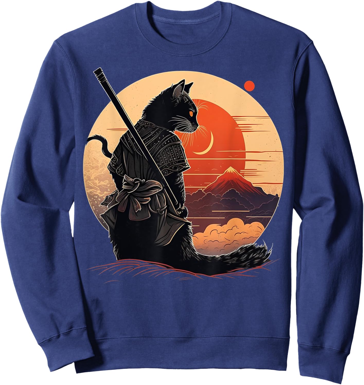 Vintage Japanese Sunset Style and samurai cat Kitten Lover Men Women Kids Sweatshirt - Sweatshirt | Navy