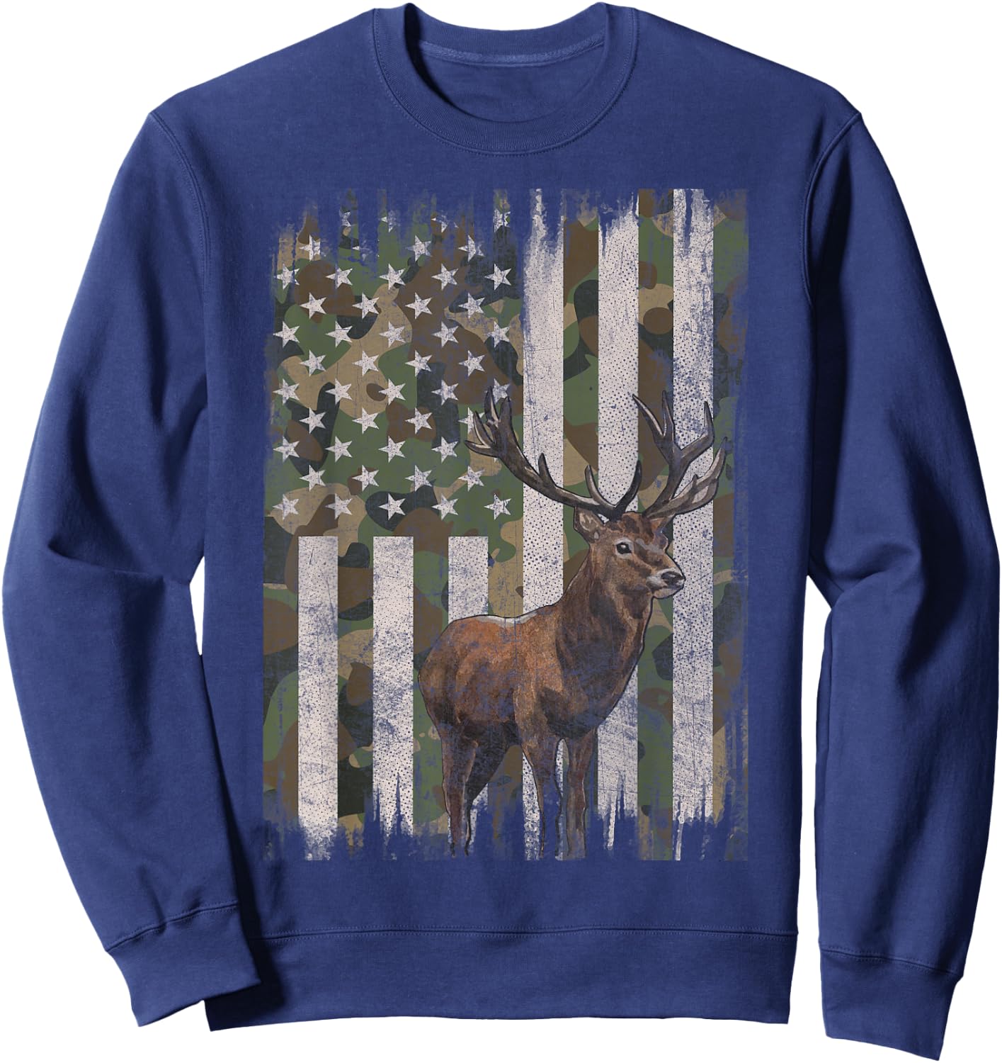 Deer Hunting Whitetail Camo American US Flag Elk Buck Sweatshirt - Sweatshirt | Navy