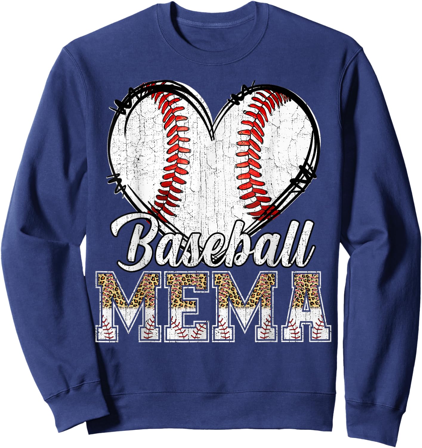 Softball Baseball Mema Heart Leopard Print Mother's Day Sweatshirt - Sweatshirt | Navy