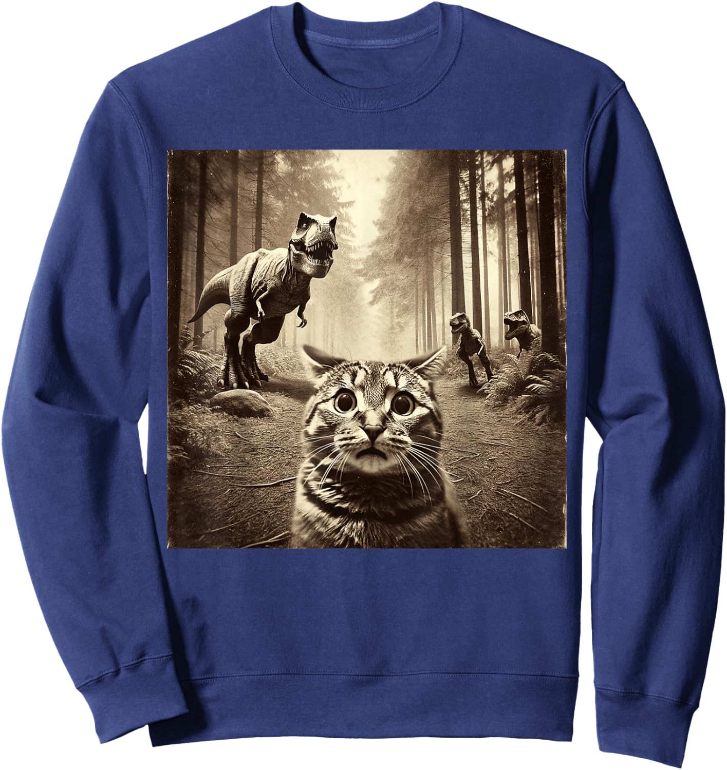 Funny Last Selfie Of Cat Before T-Rex Attack Hilarious Cat Sweatshirt - Sweatshirt | Navy