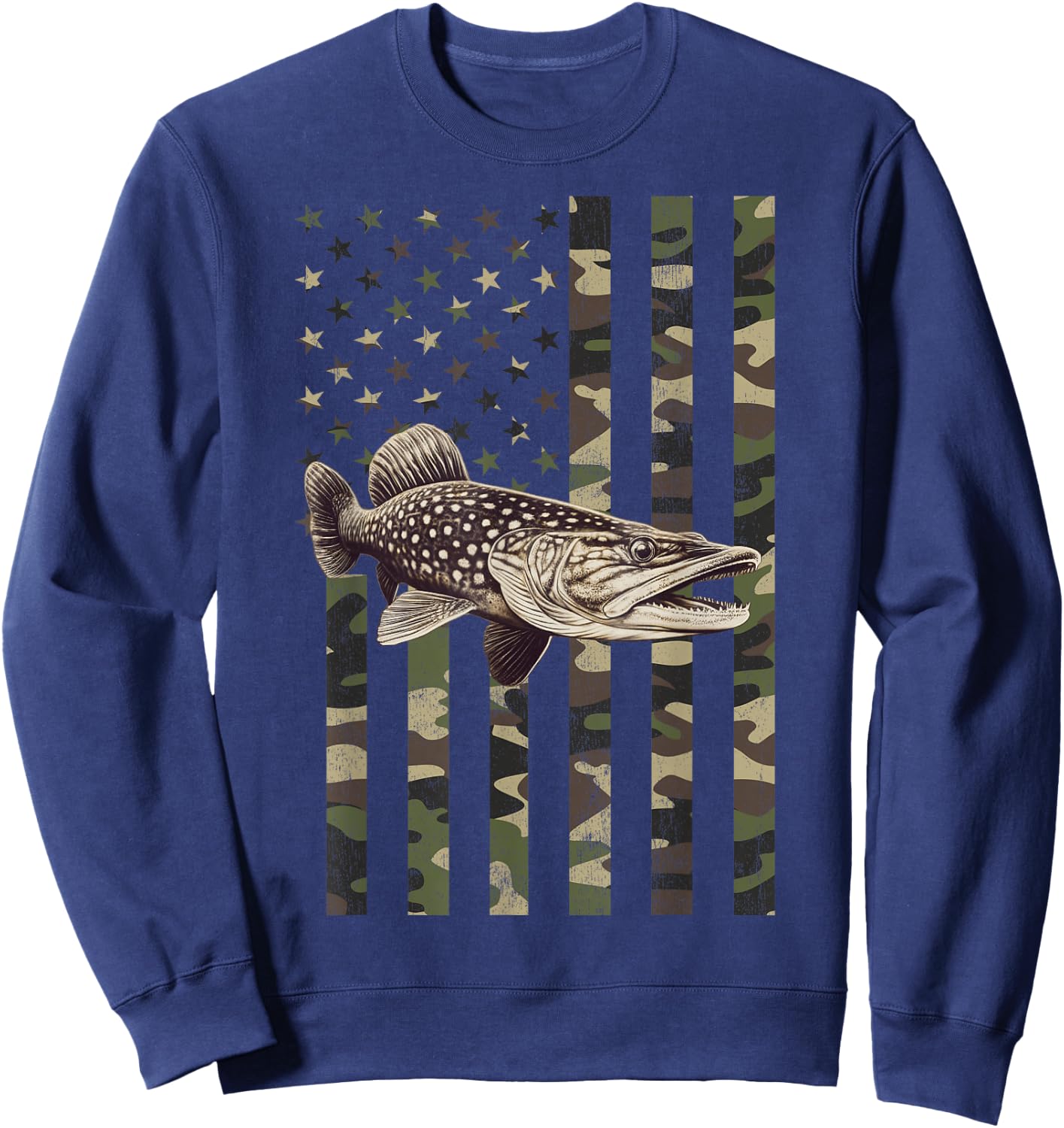 Northern Pike with Camo American Flag, Northern Pike Sweatshirt - Sweatshirt | Navy