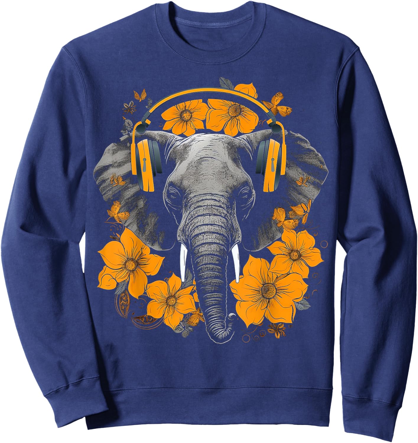 Elephant Headphones Artwork | Music Animal Flower Elephant Sweatshirt - Sweatshirt | Navy