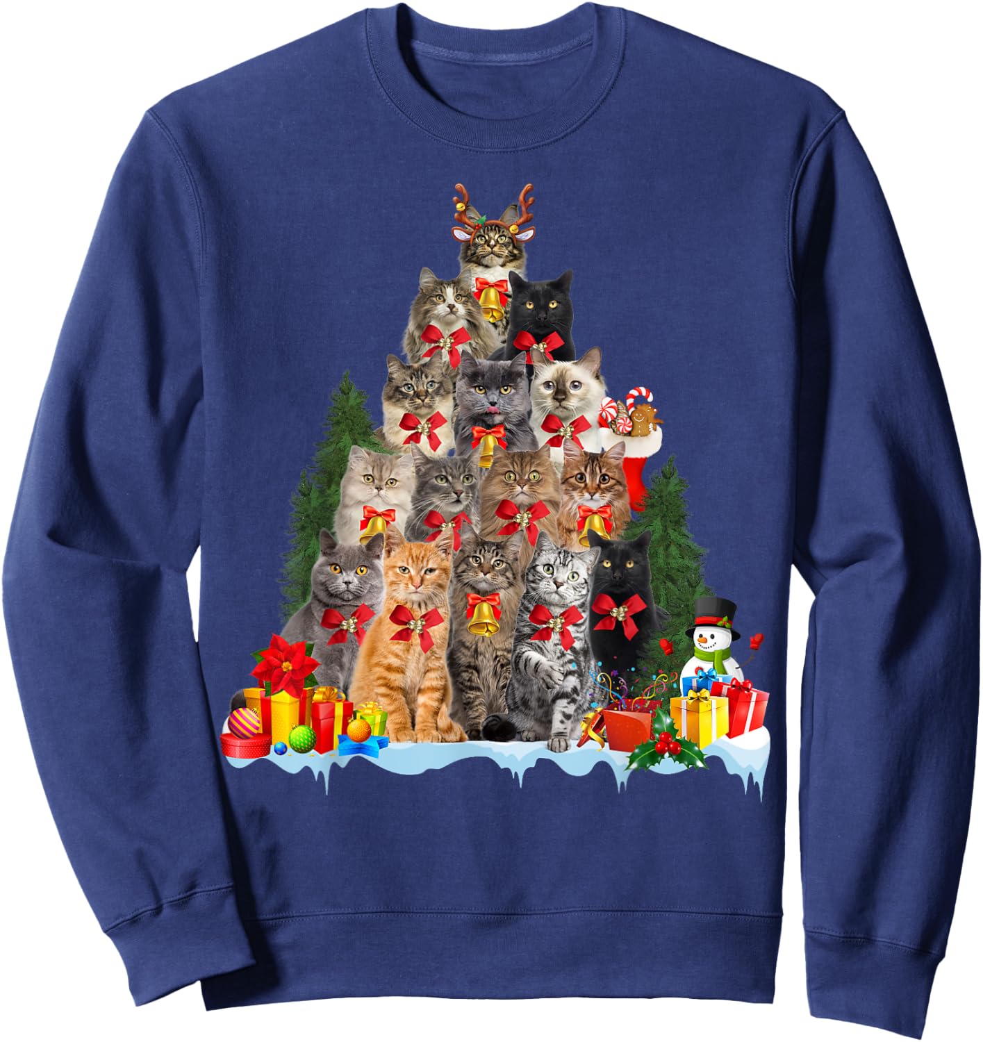 Christmas Pajama Cat Xmas Tree Ornament Cat Lover, Cat Mom Sweatshirt - Sweatshirt | Navy