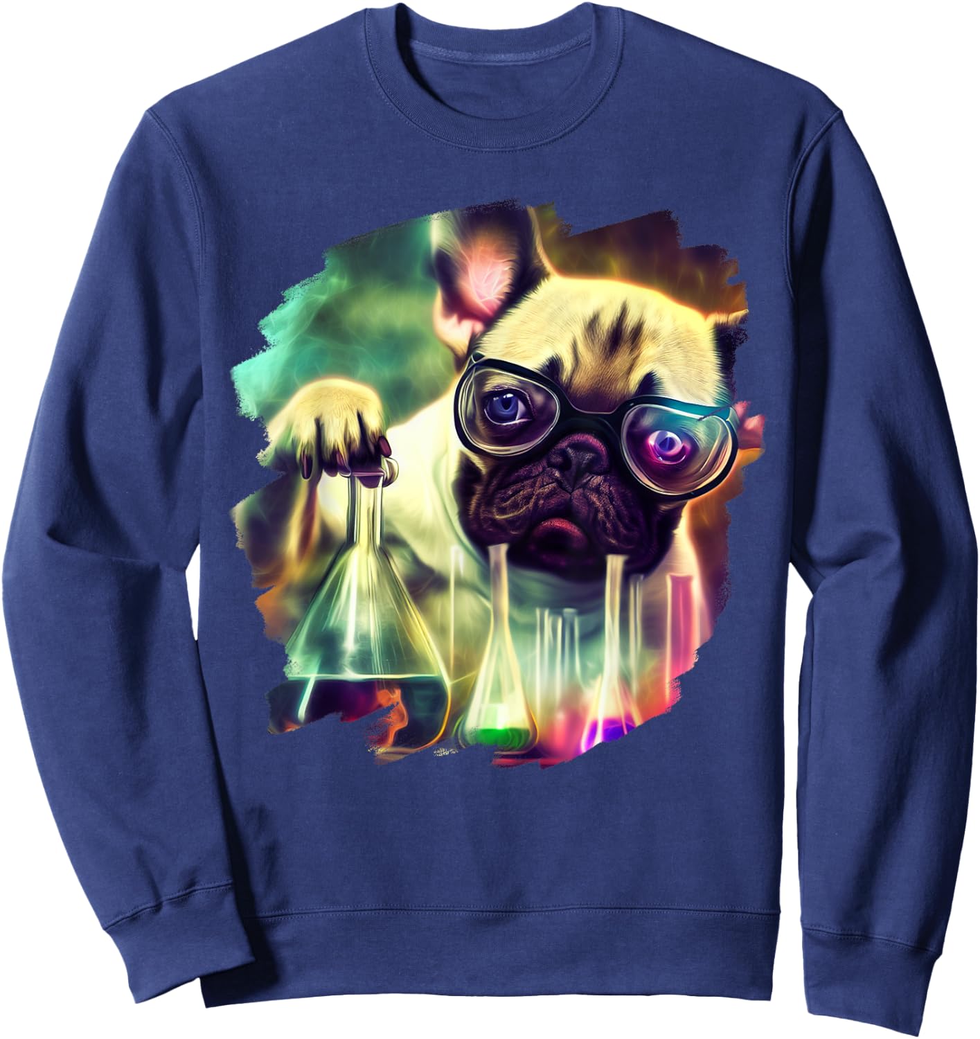 Mad Frenchie Dog Scientist Mixing Chemicals Chemistry Women Kids Sweatshirt - Sweatshirt | Navy