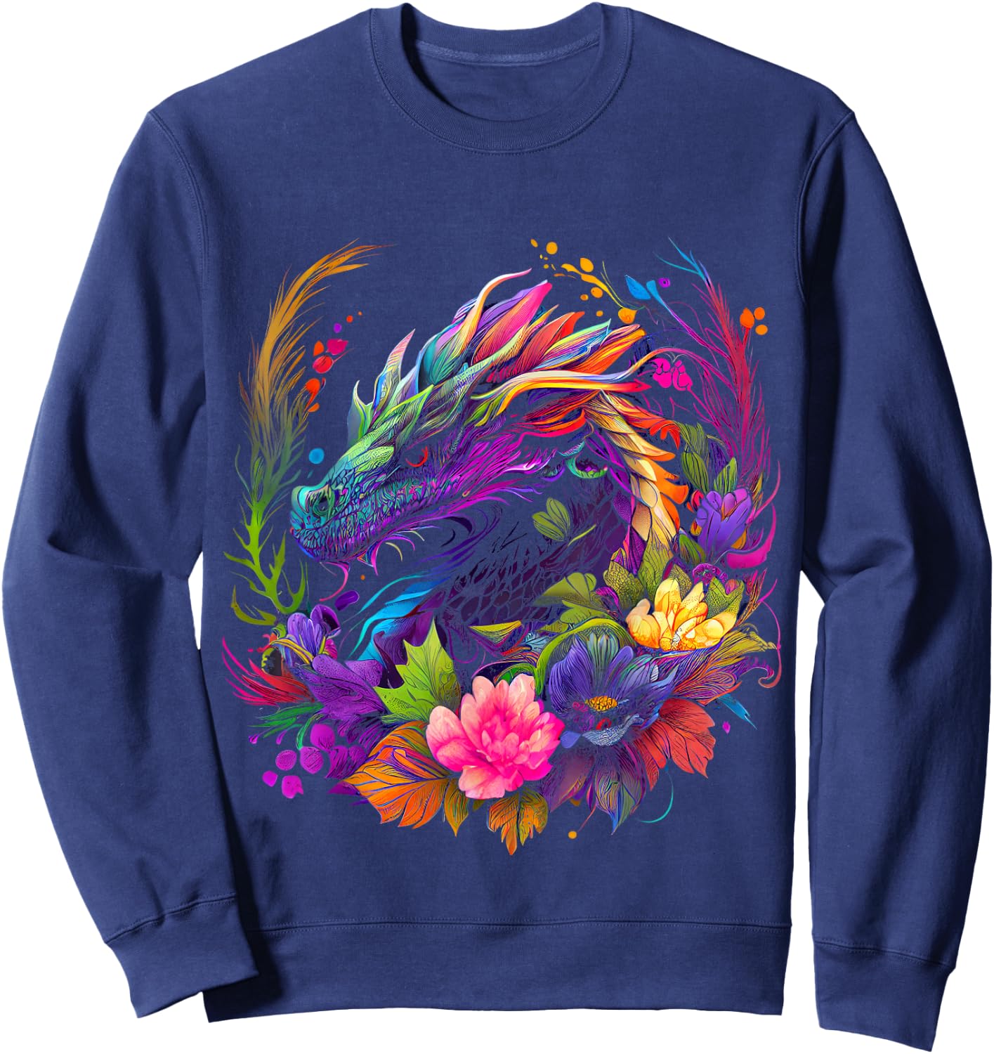 Watercolor Dragon Flowers Beautiful Art Colorful Graphic Sweatshirt - Sweatshirt | Navy