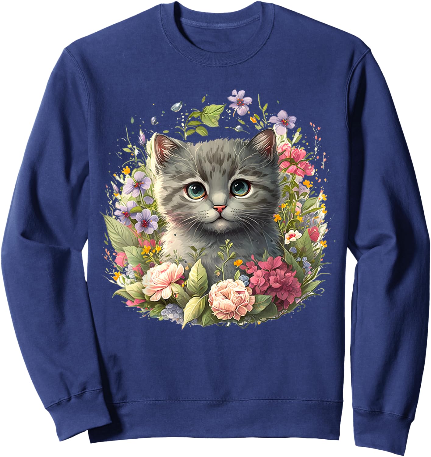 Adorable Cat, Cute Kitten Floral Sweatshirt - Sweatshirt | Navy