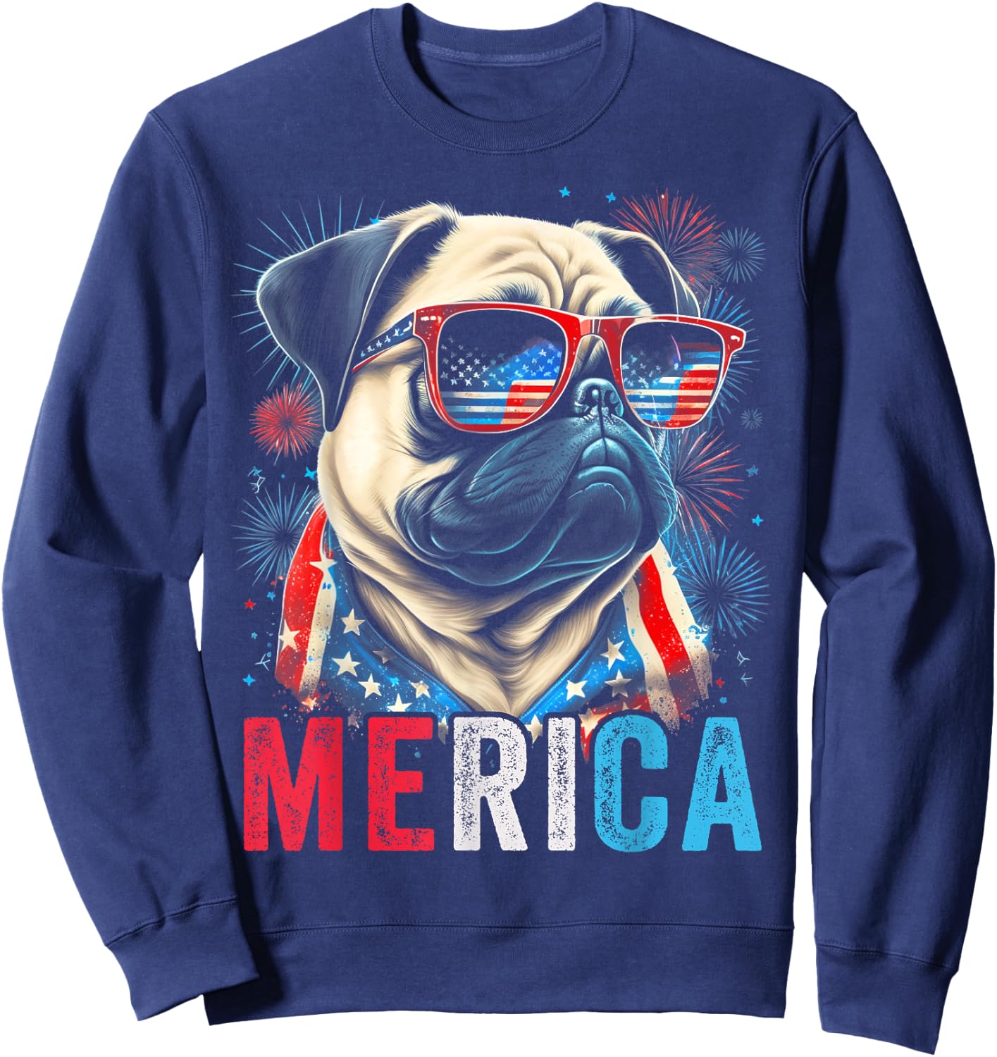 Pug Dog 4th of July American Flag America USA Merica Funny Kids Men Sweatshirt - Sweatshirt | Navy