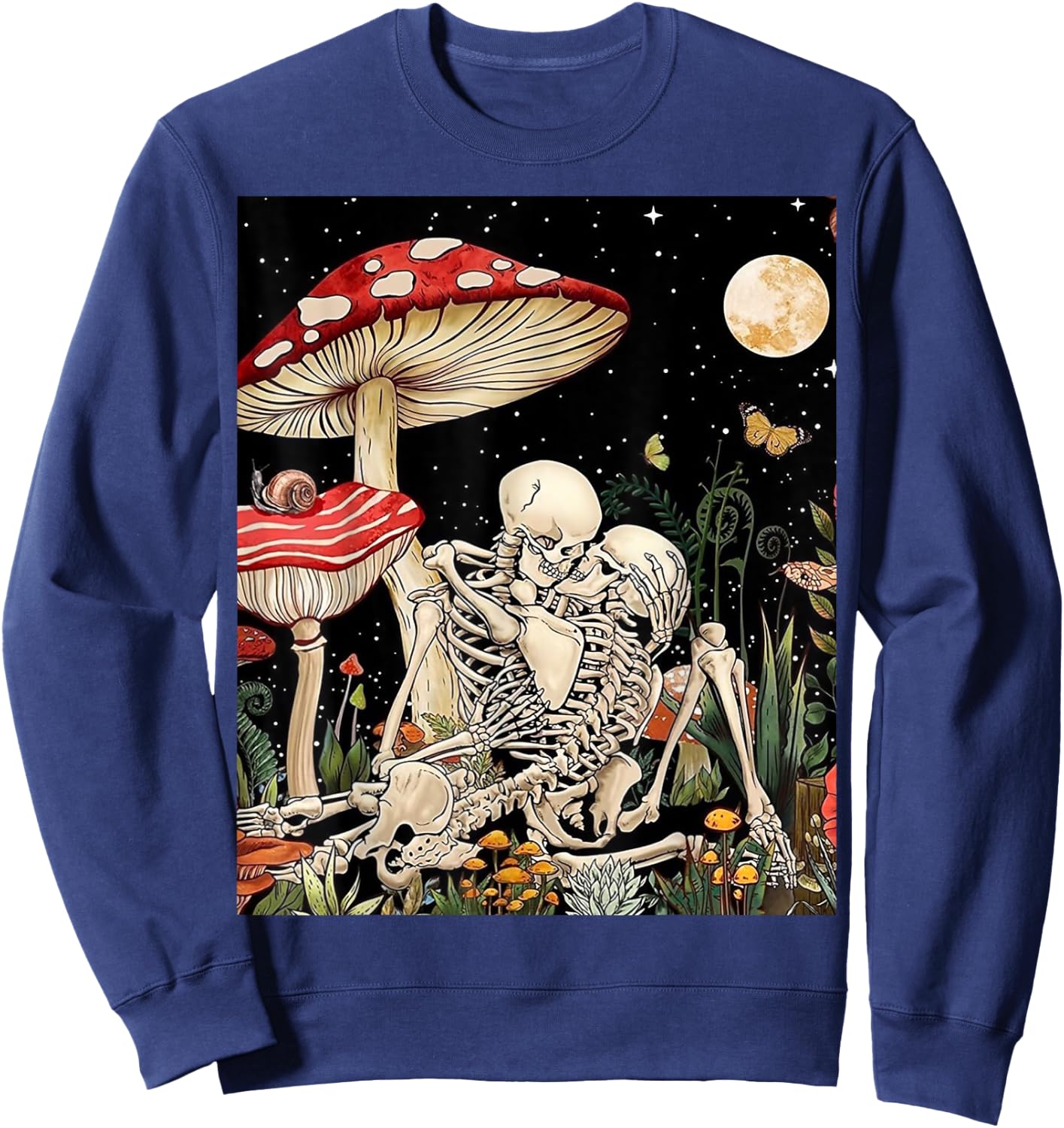 Boho Mushroom Retro Skeleton Couple Vintage Kiss Witchy Moth Sweatshirt - Sweatshirt | Navy