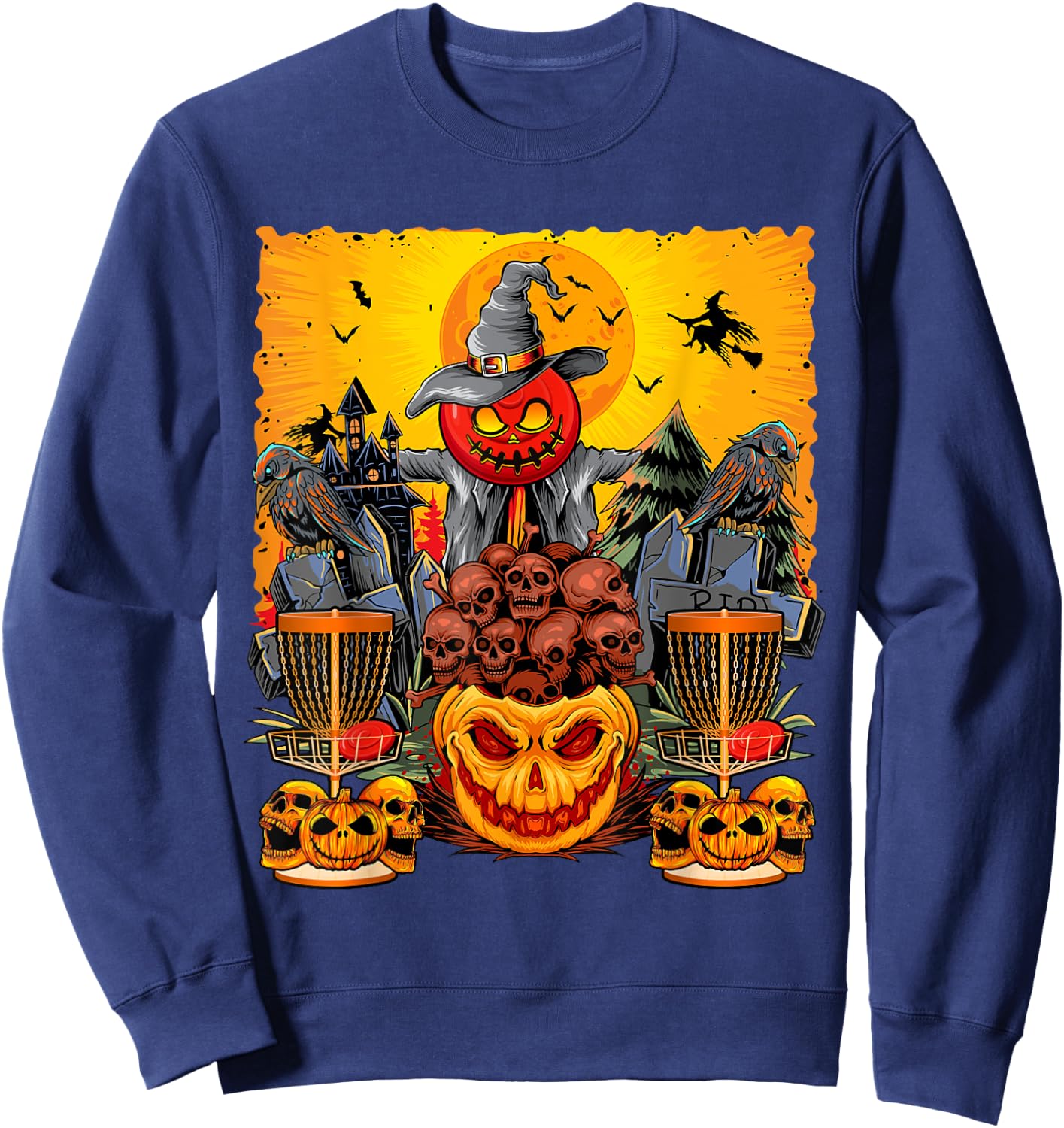 Disc Golf Faces Halloween Skulls Horror Pumpkins Player Sweatshirt - Sweatshirt | Navy