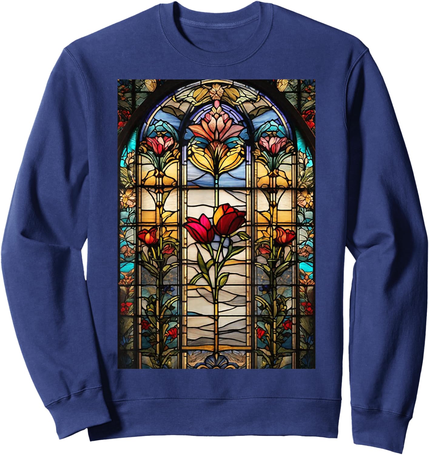 Stained-Glass Style Floral Art Flowers Surreal Print Sweatshirt - Sweatshirt | Navy