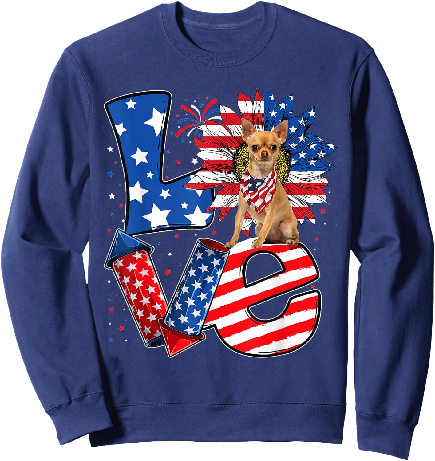 4th of July Decor Patriotic LOVE Chihuahua Dog USA Flag Sweatshirt - Sweatshirt | Navy