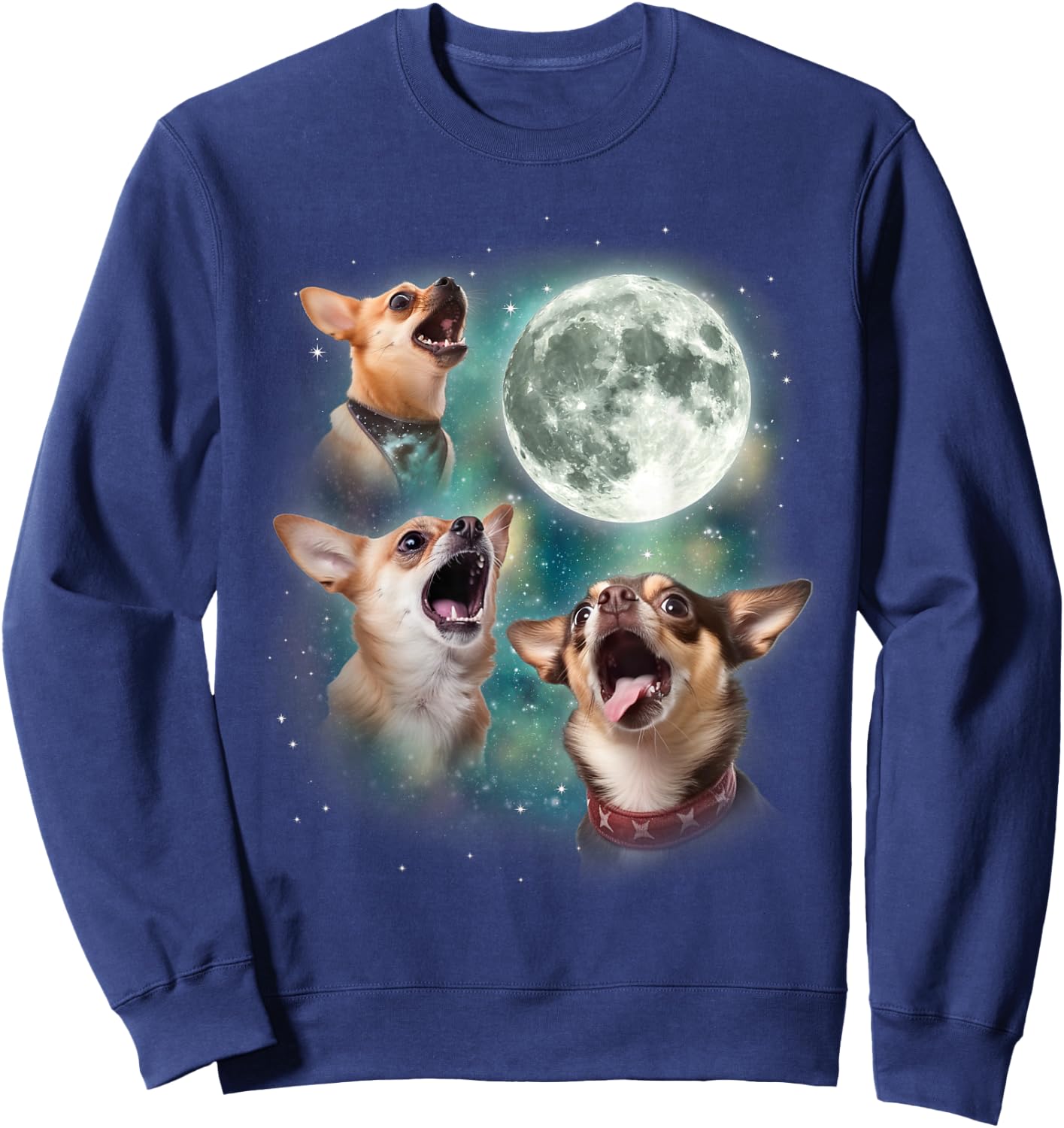 Three Chihuahuas Howl at Moon | 3 Dogs Funny Wolves Parody Sweatshirt - Sweatshirt | Navy