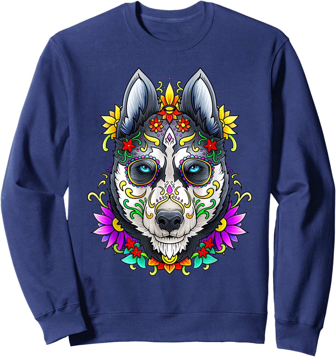 Alaskan Husky Skull Dog Day of The Dead Sugar Skull Dog Women Kids Sweatshirt - Sweatshirt | Navy