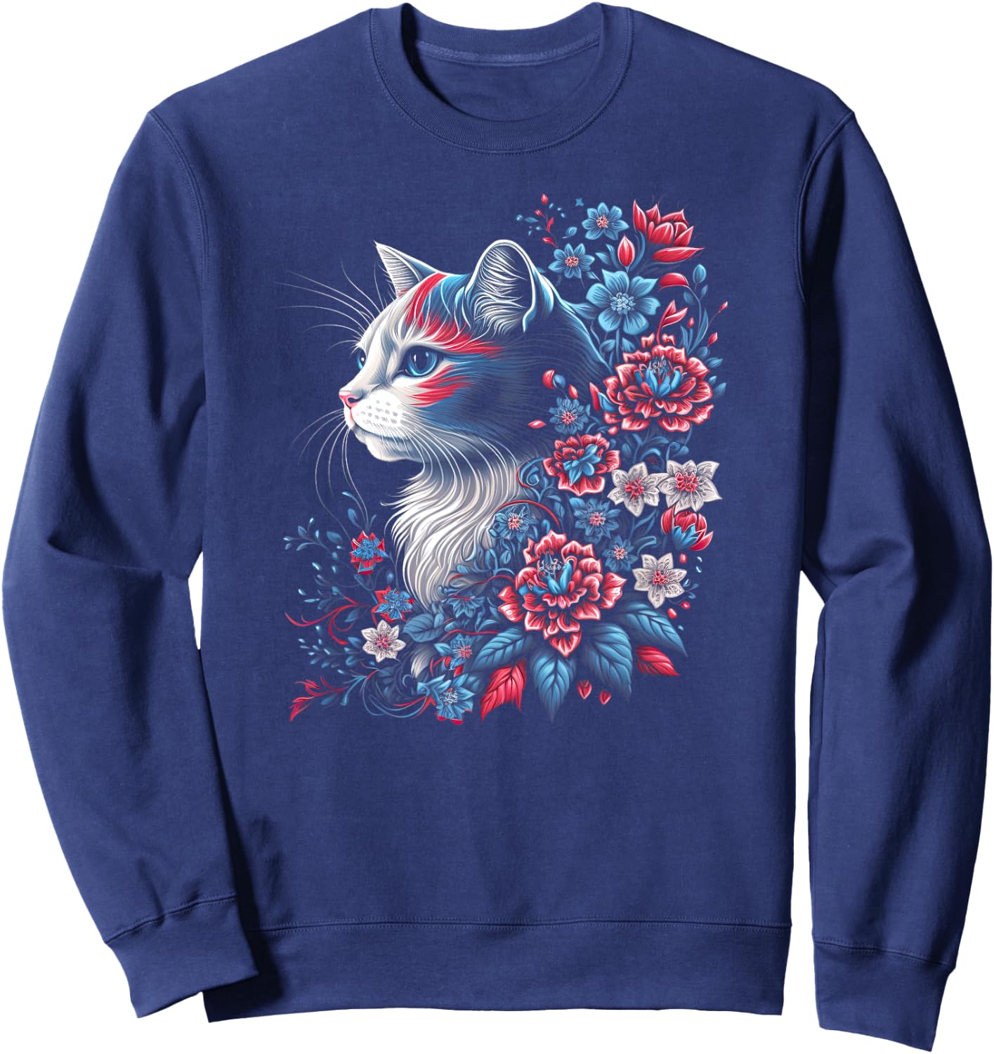 Floral Cat - Red White and Blue 4th of July Patriotic Women Kids Men Sweatshirt - Sweatshirt | Navy