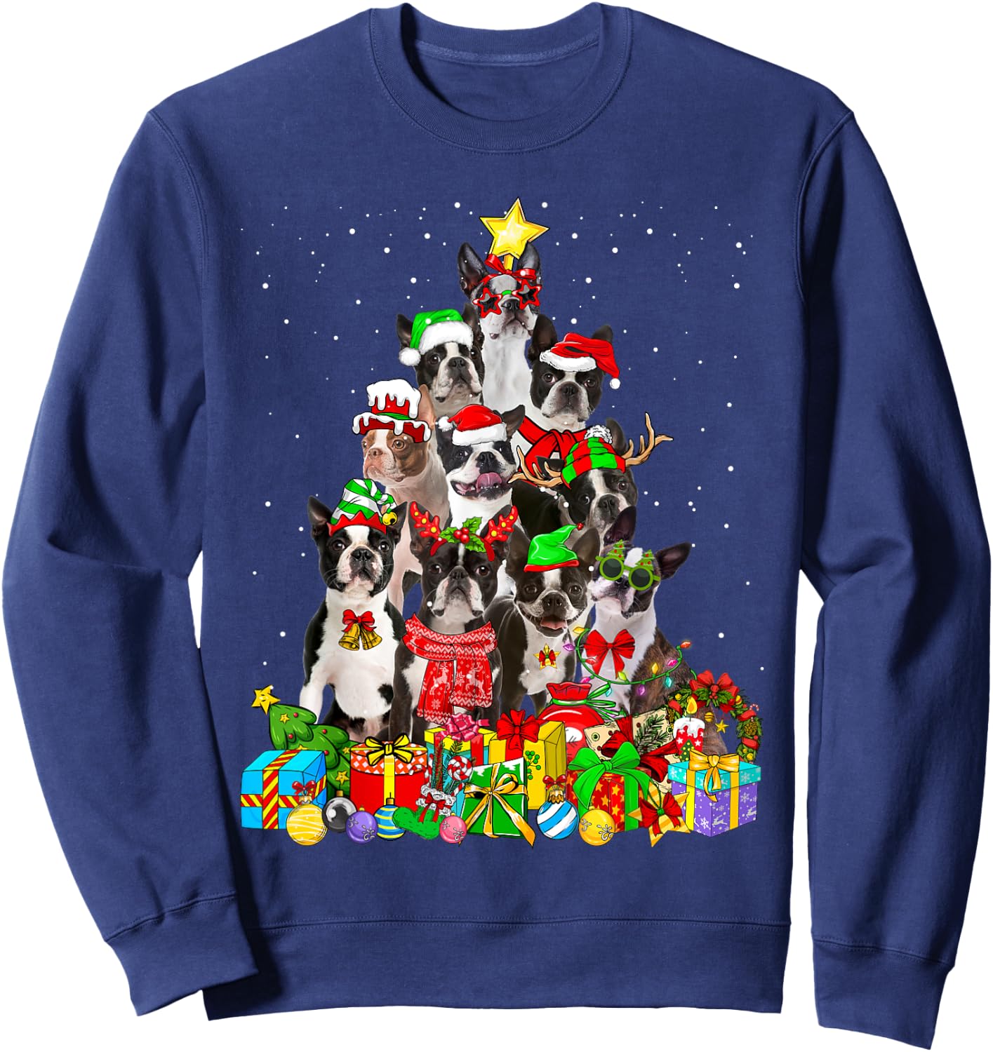 Funny Boston Terrier Dog Christmas Tree Lights Xmas Pajama Women Kids Sweatshirt - Sweatshirt | Navy