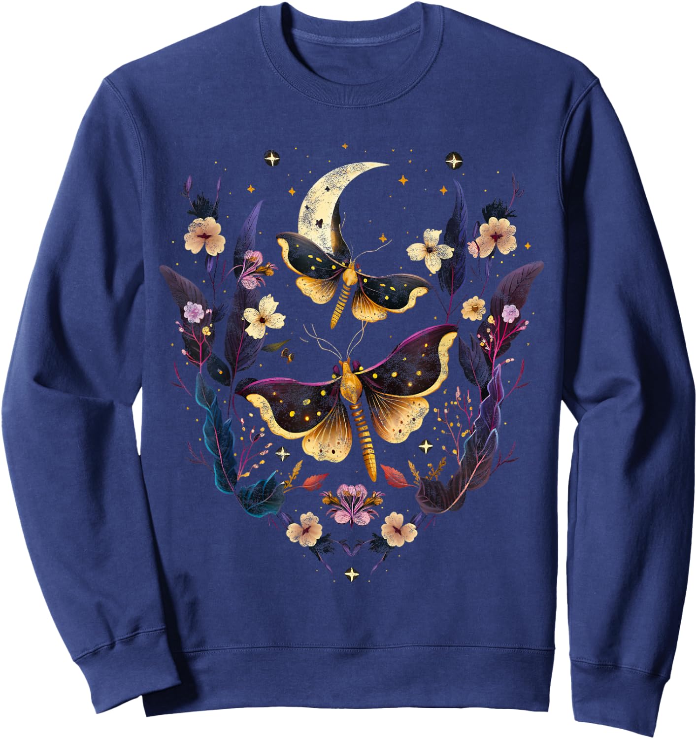 Moths with moon, flowers, butterfly, Wicca, goth, night Sweatshirt - Sweatshirt | Navy