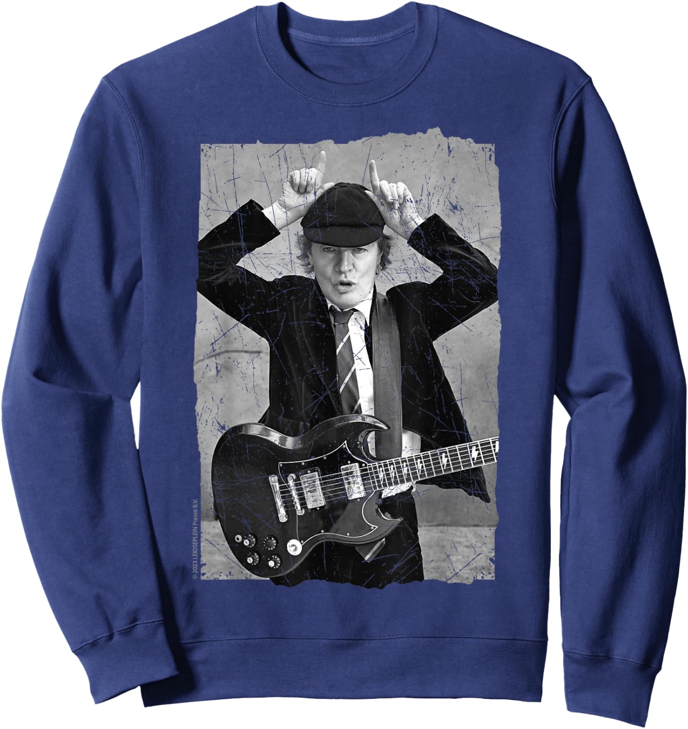 Official AC/DC Rock Music Band Angus Young Distressed Photo Sweatshirt - Sweatshirt | Navy