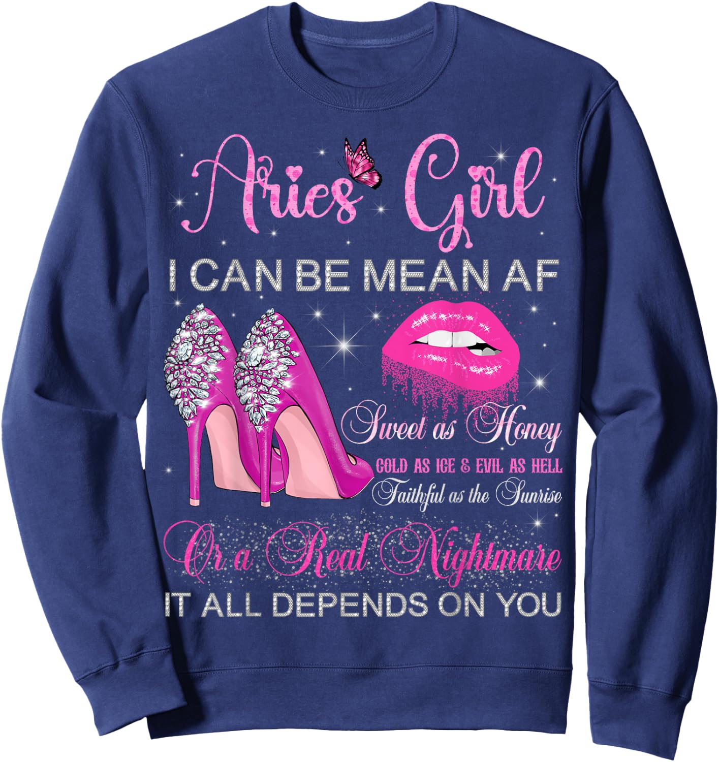 Aries Girl Birthday High Heels Dripping Lips Zodiac Women Sweatshirt - Sweatshirt | Navy