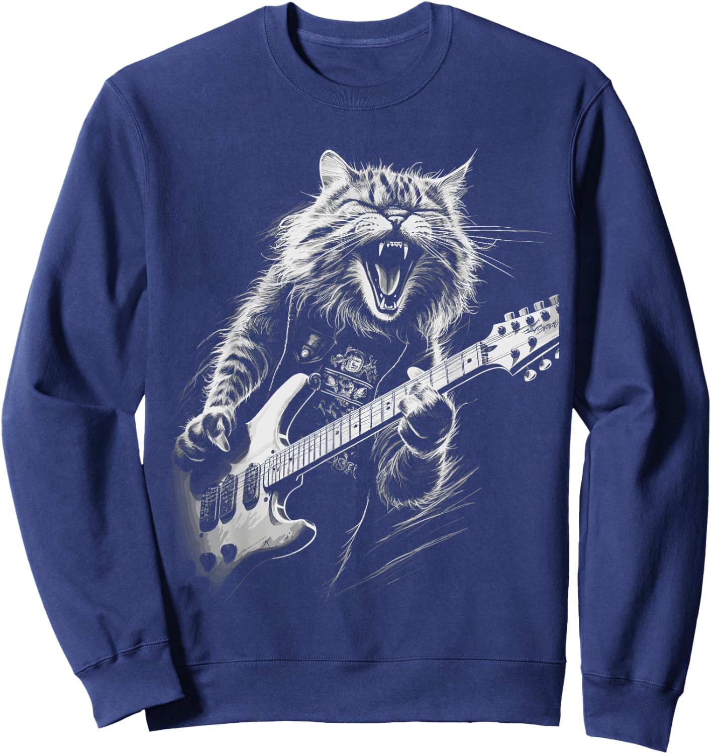 Rock Cat Playing Guitar Woman Funny Guitar Cat Sweatshirt - Sweatshirt | Navy