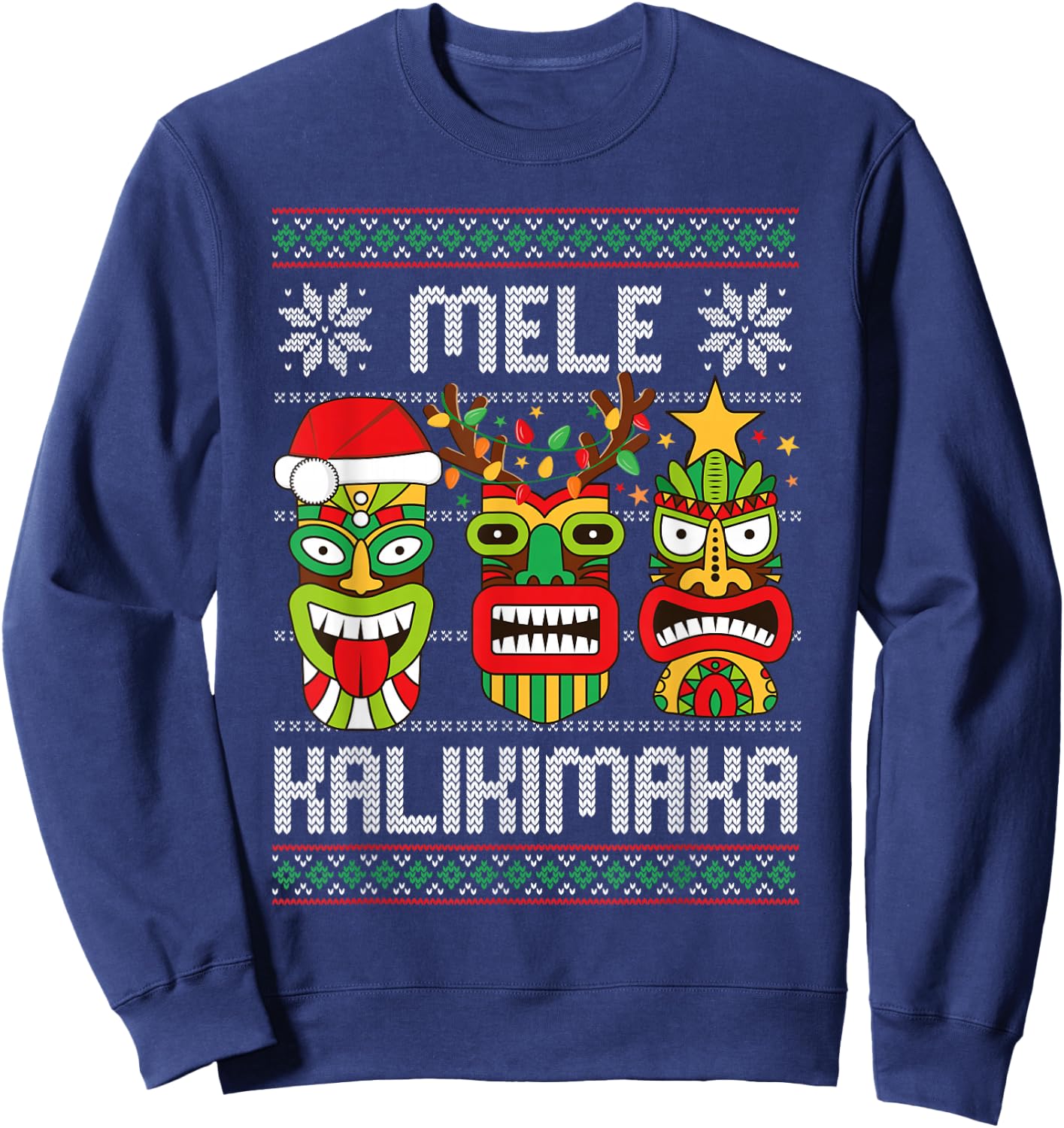 Mele Kalikimaka Christmas Hawaiian Santa Tiki Ugly Christmas Sweatshirt - Sweatshirt | Navy