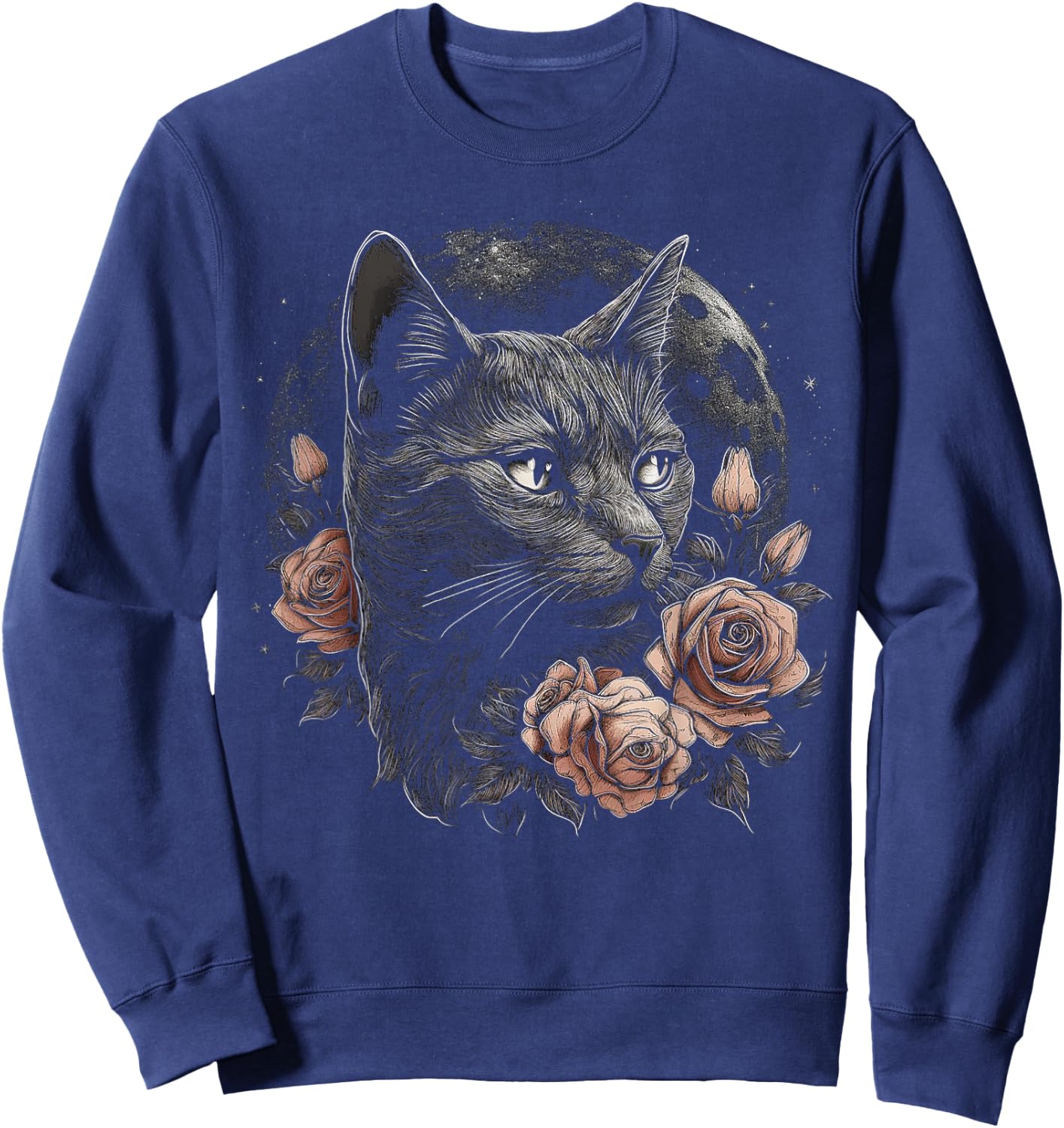 Cat Flower Moon Artwork | Animal Motif Cat Sweatshirt - Sweatshirt | Navy