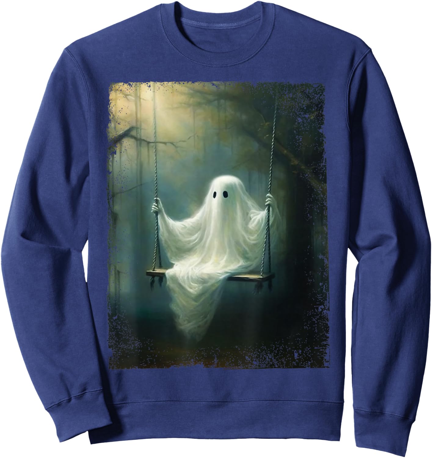 Vintage Halloween Costume Ghost Swing In The Forest Graphic Sweatshirt - Sweatshirt | Navy