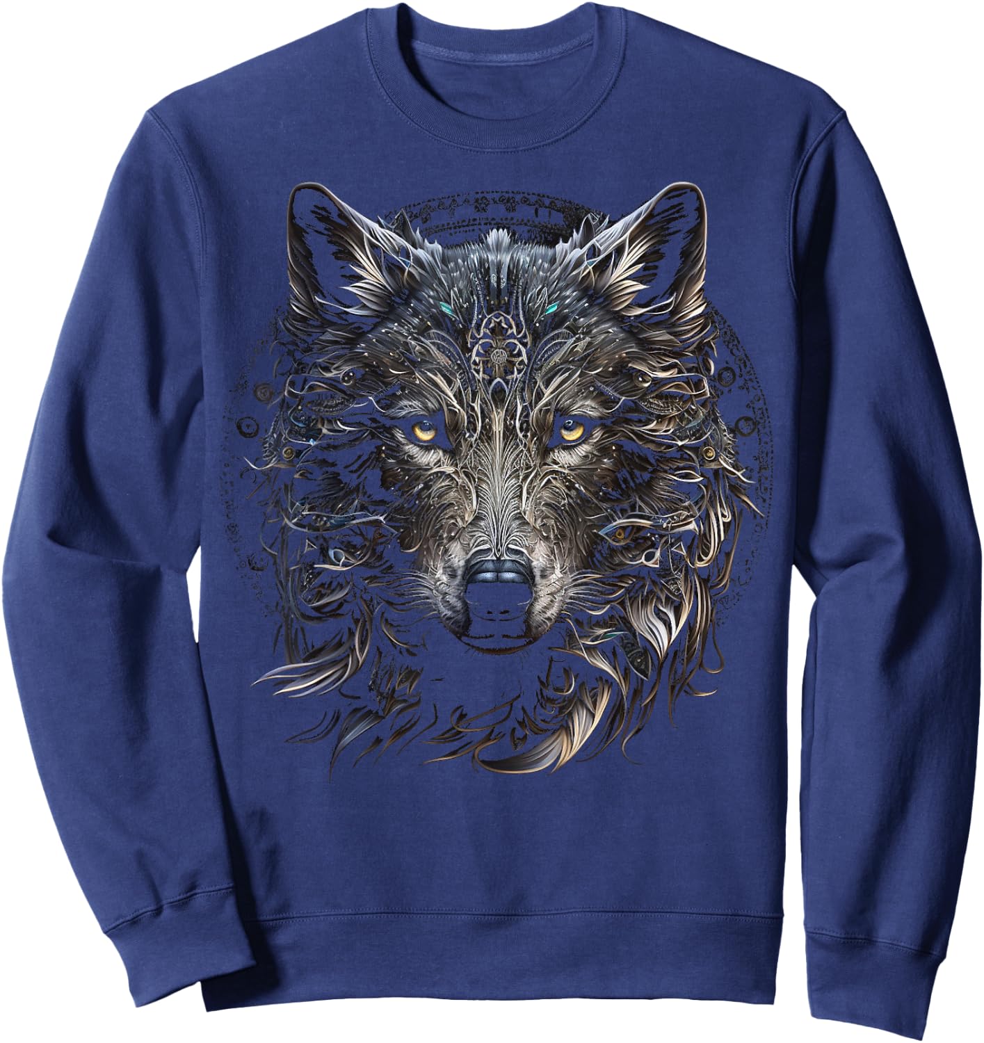 Wolf Mandala Artwork | Animal Motif Wolf Sweatshirt - Sweatshirt | Navy
