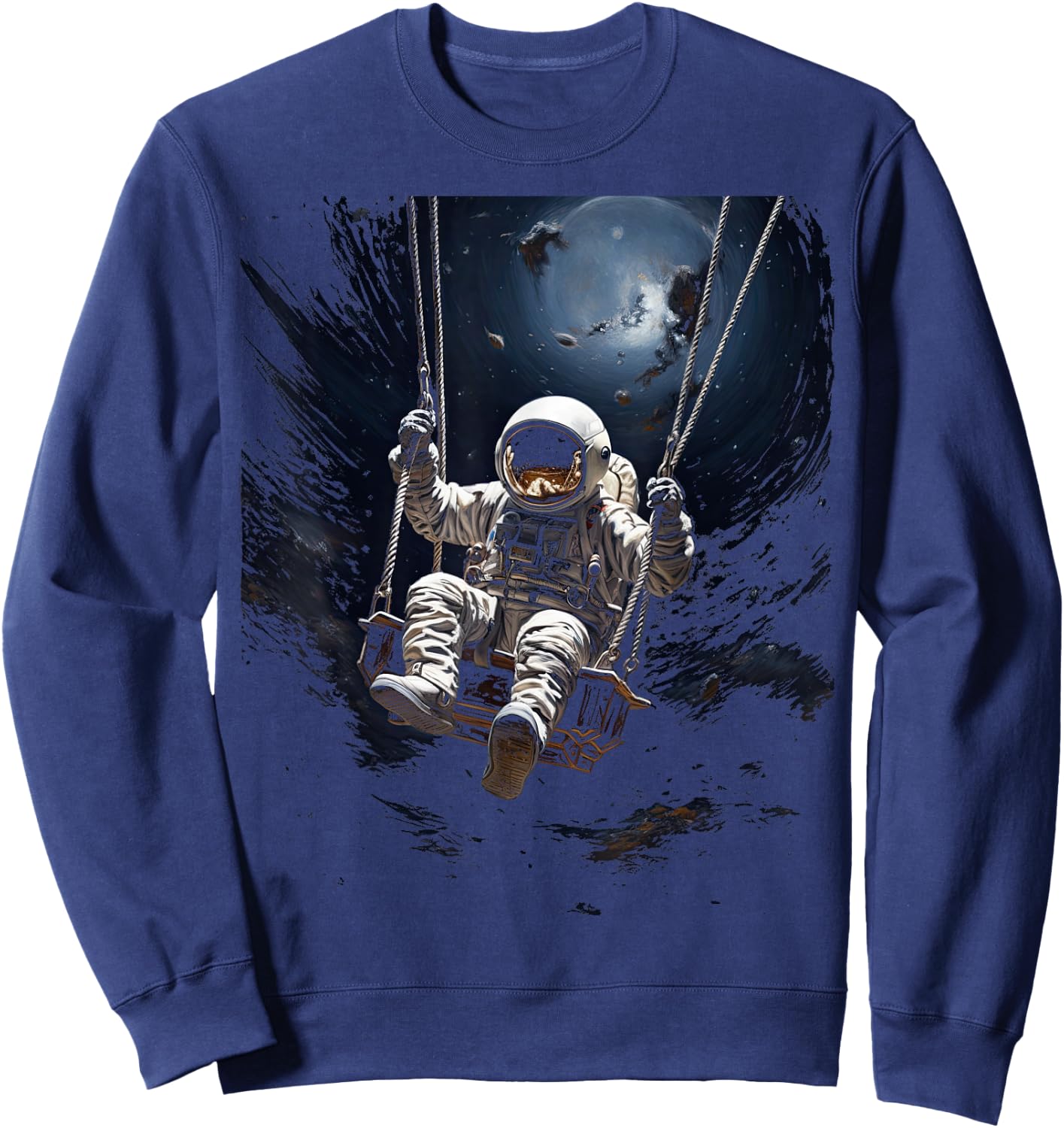 Astronaut Sitting on a Swing in Space Stars Moon Sweatshirt - Sweatshirt | Navy