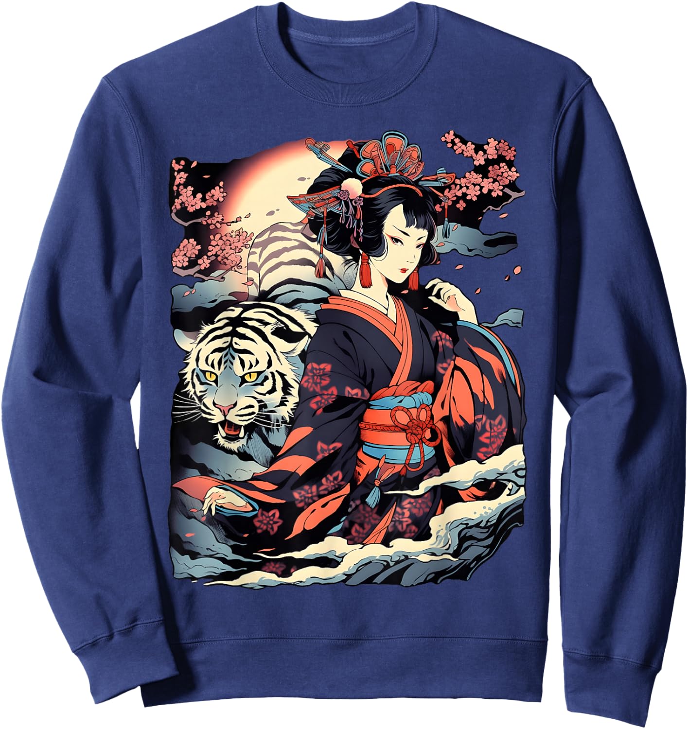 Make a Statement with This Bold Geisha and Tiger Tattoo Sweatshirt - Sweatshirt | Navy
