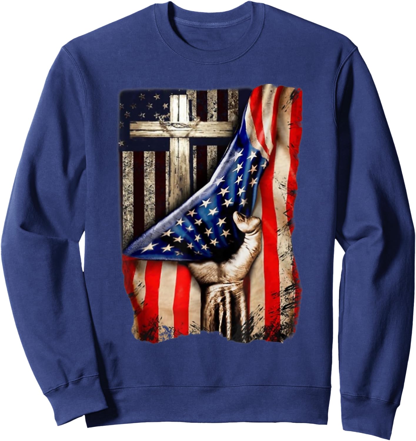Cross Christian American Flag Hand Pride Sweatshirt - Sweatshirt | Navy