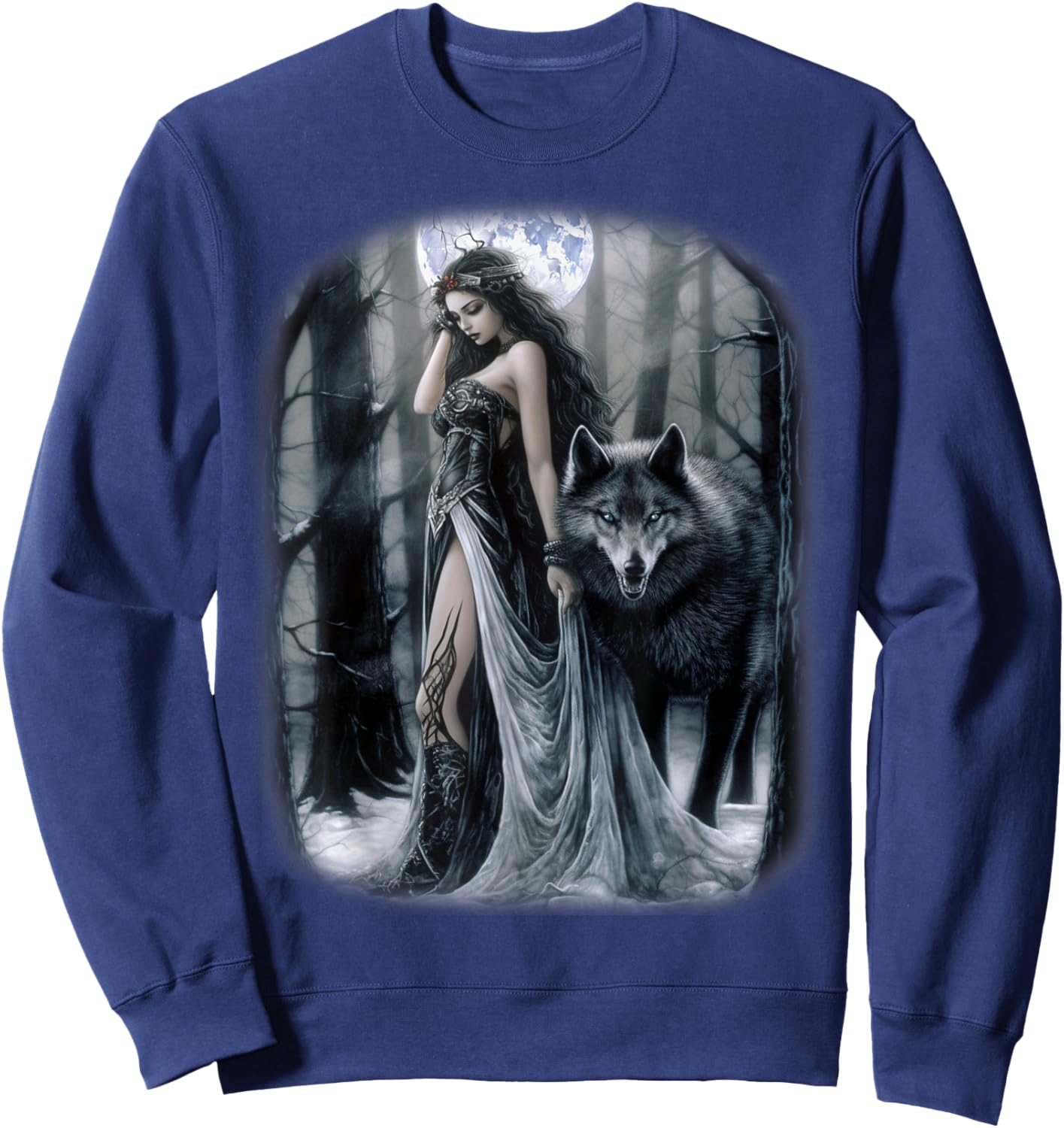 Woman and Gray Wolf in Forest Moon Fantasy Art Painting Sweatshirt - Sweatshirt | Navy