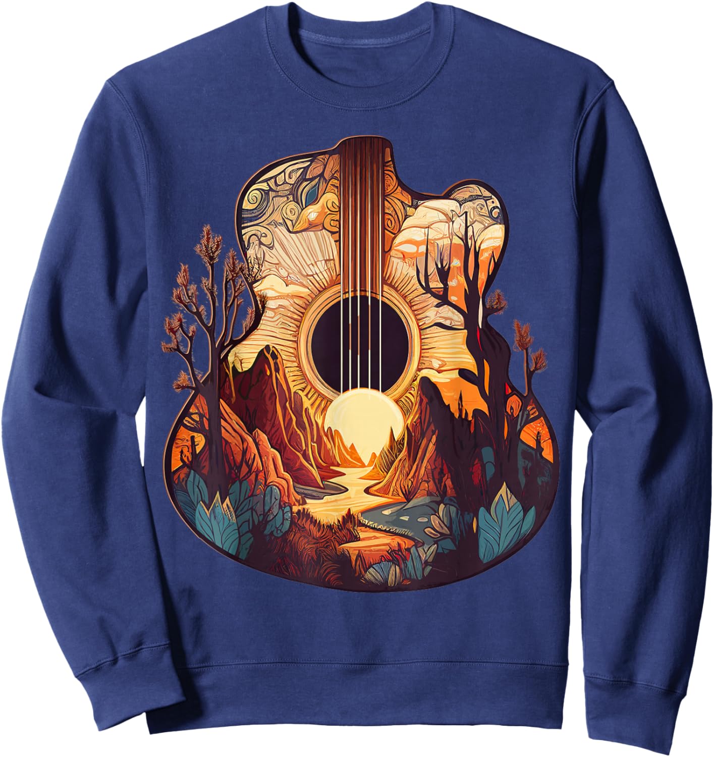 Guitar Landscape Music Lover- Acoustic Guitar Player Graphic Sweatshirt - Sweatshirt | Navy