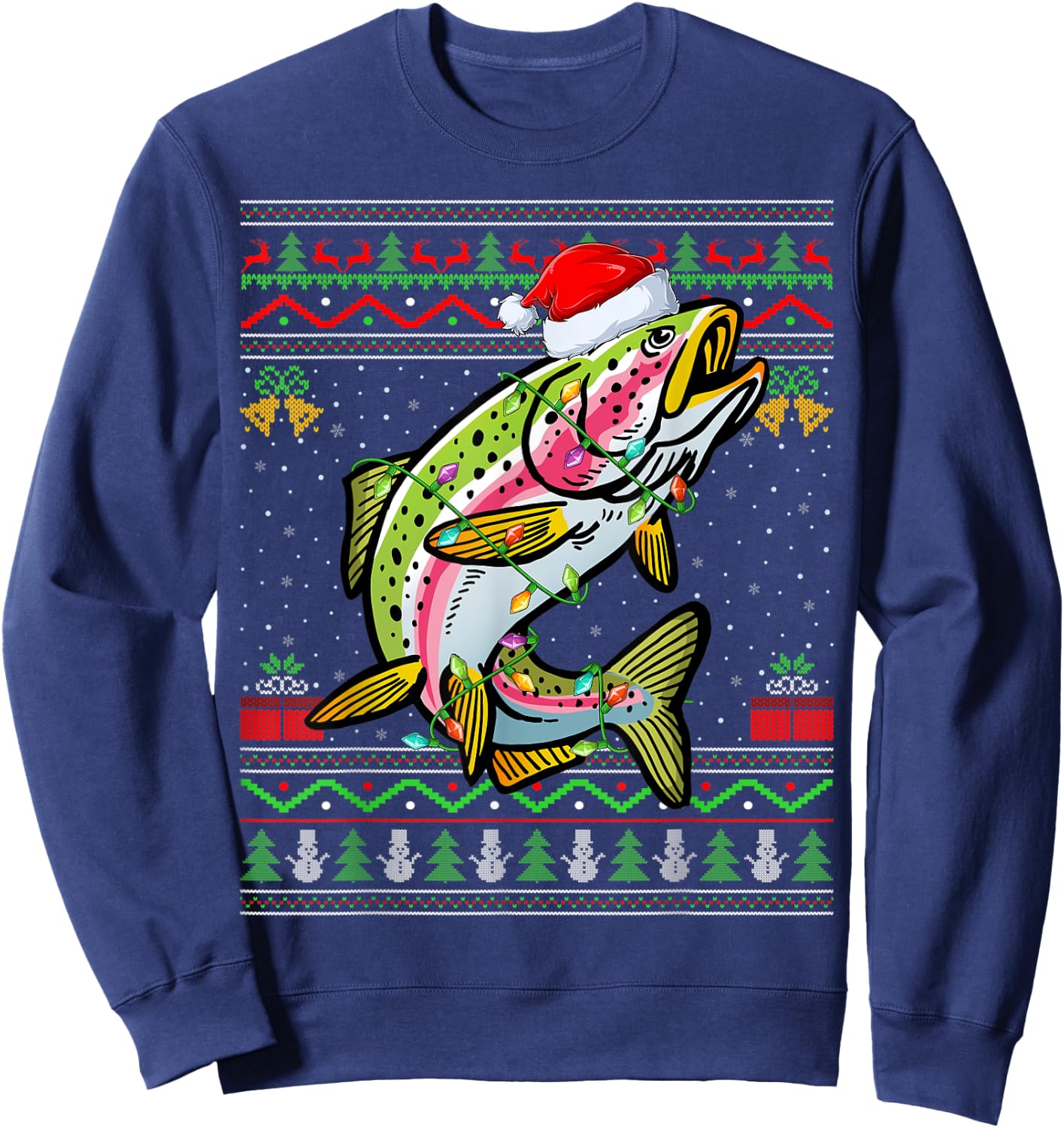 Xmas Ugly Sweater Style Santa Rainbow Trout Fish Christmas Sweatshirt - Sweatshirt | Navy