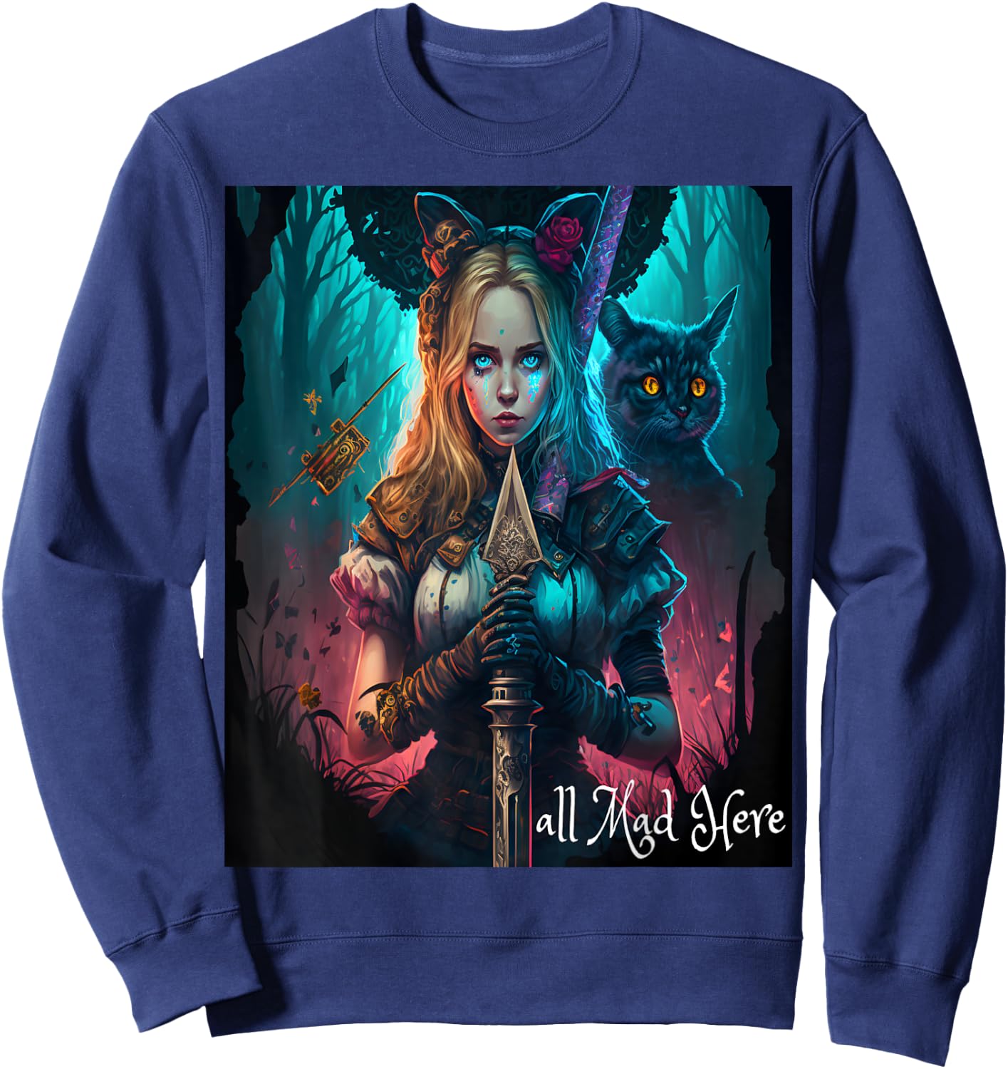 Alice in Wonderland Rabbit All Mad Here Mom Boys Girls Men Sweatshirt - Sweatshirt | Navy