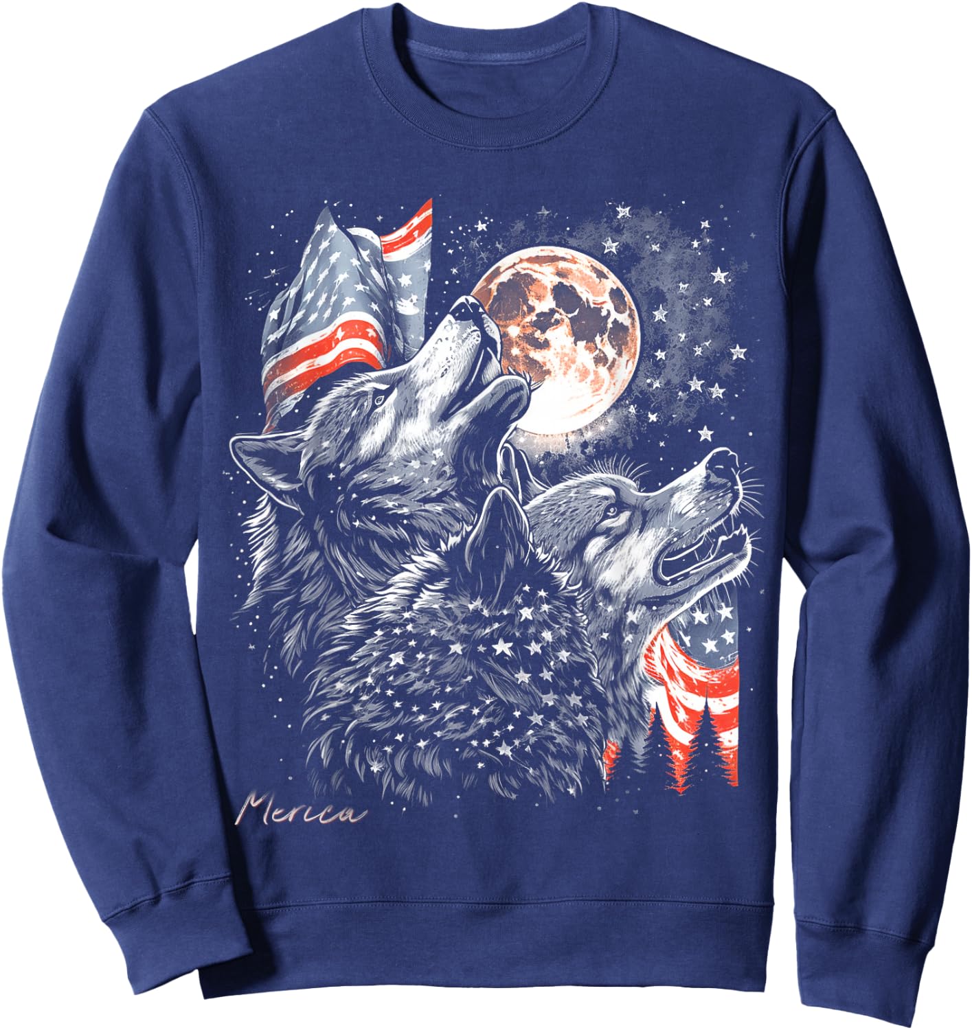 Wolf 4th of July American Flag Howling America Moon Funny Sweatshirt - Sweatshirt | Navy